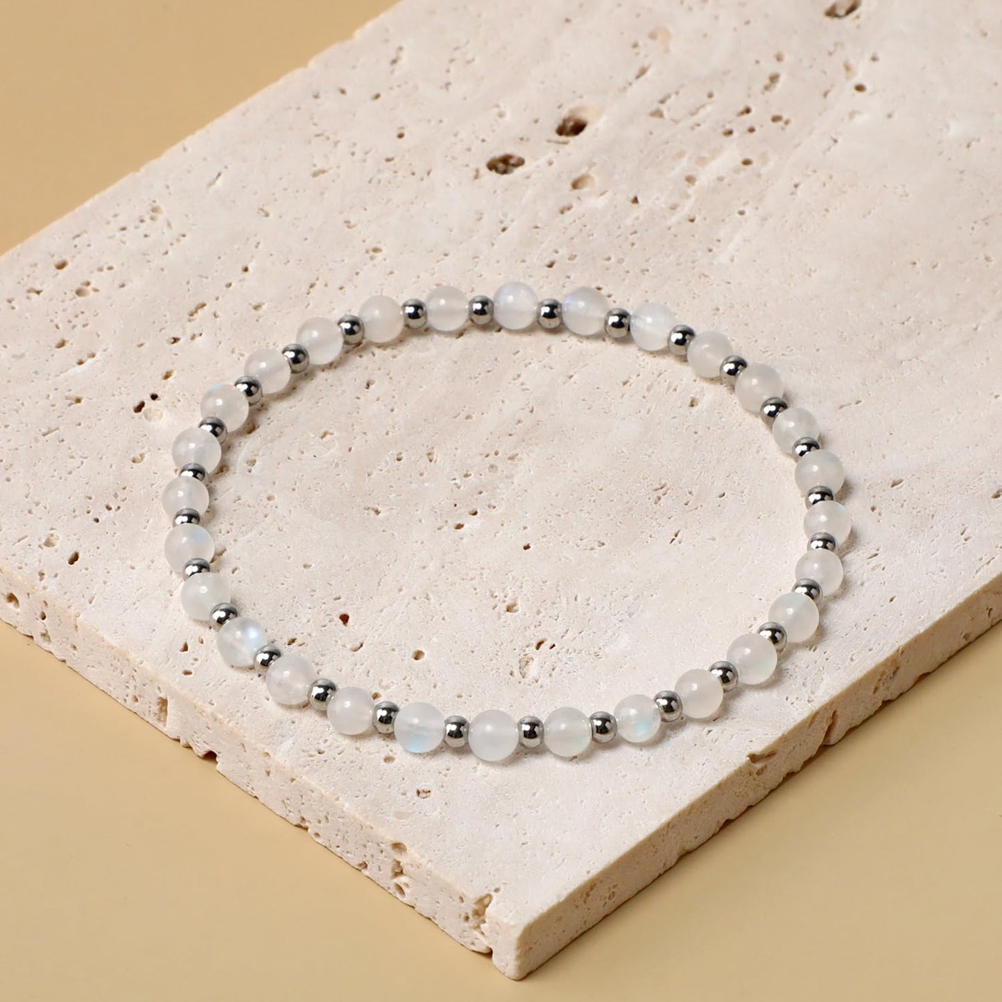 QOGIR Moonstone - New Beginnings - Stainless Silver Beads Natural Gemstone Stretch Elastic Dainty Healing Beaded Bracelets Gifts 4mm