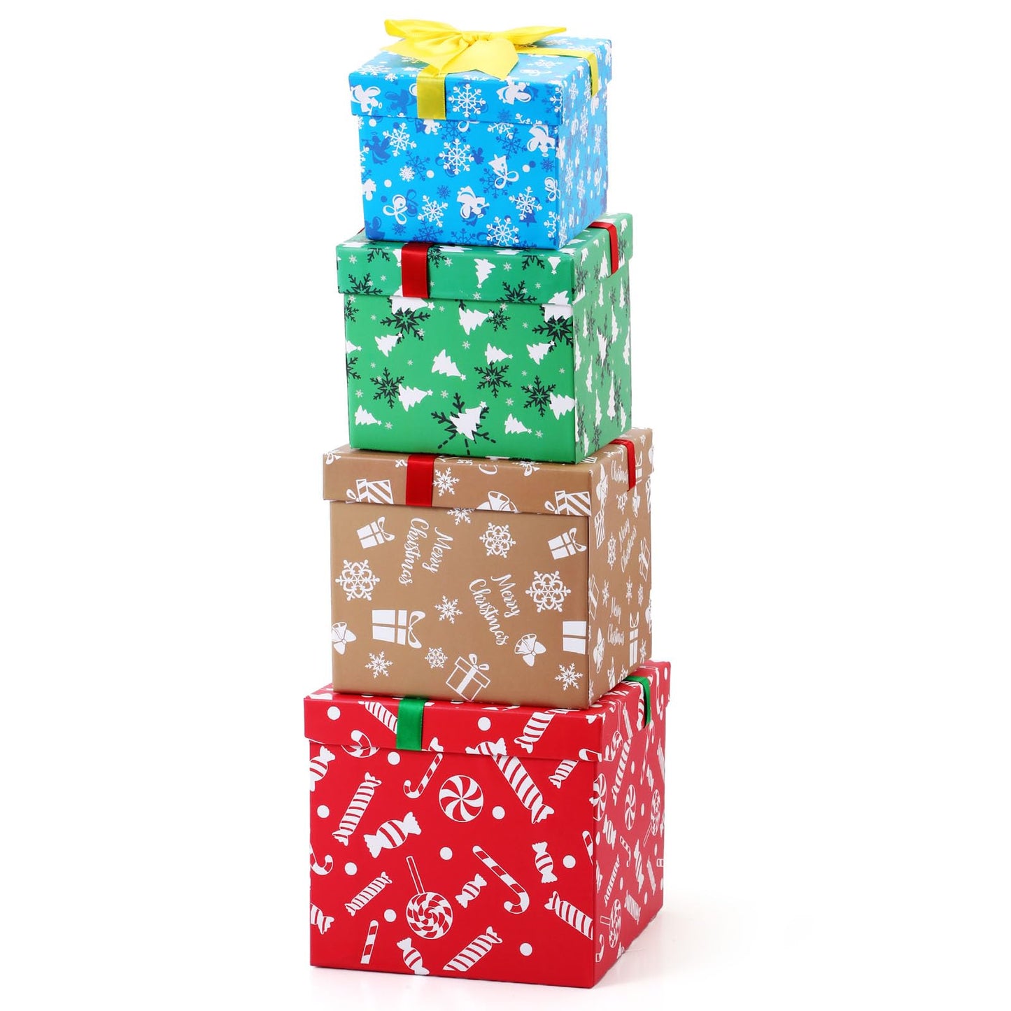 TaoBary 4 Pcs Christmas Nesting Gift Boxes Hard Xmas Stackable Candy Decorative Boxes with Lids for New Year, Holiday, Birthday Party Gift Decor Supplies