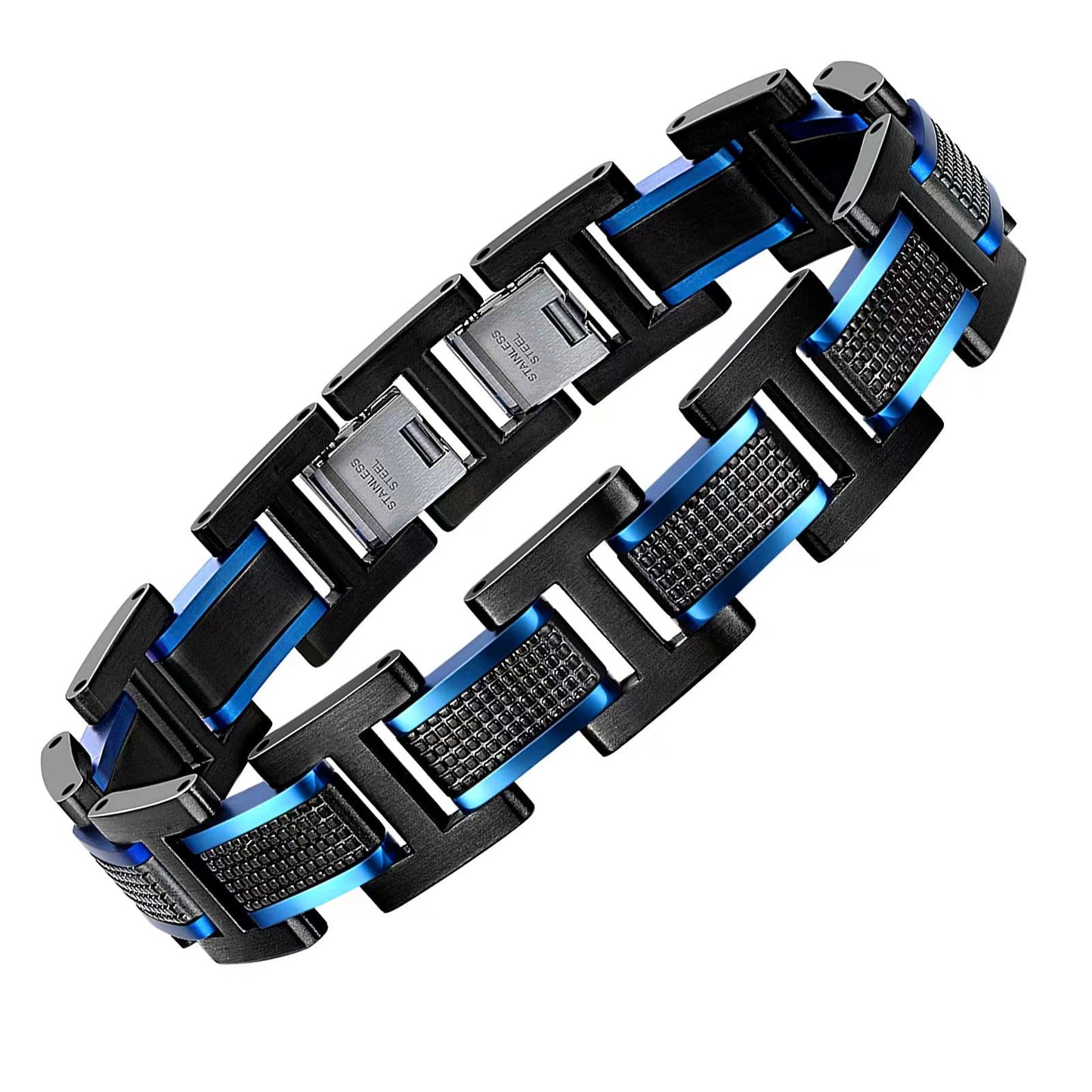 Zillaly Men's Stainless Steel Two-Tone Square Link diamond Bracelet in Black & Blue Ion-Plated Black (blue black)