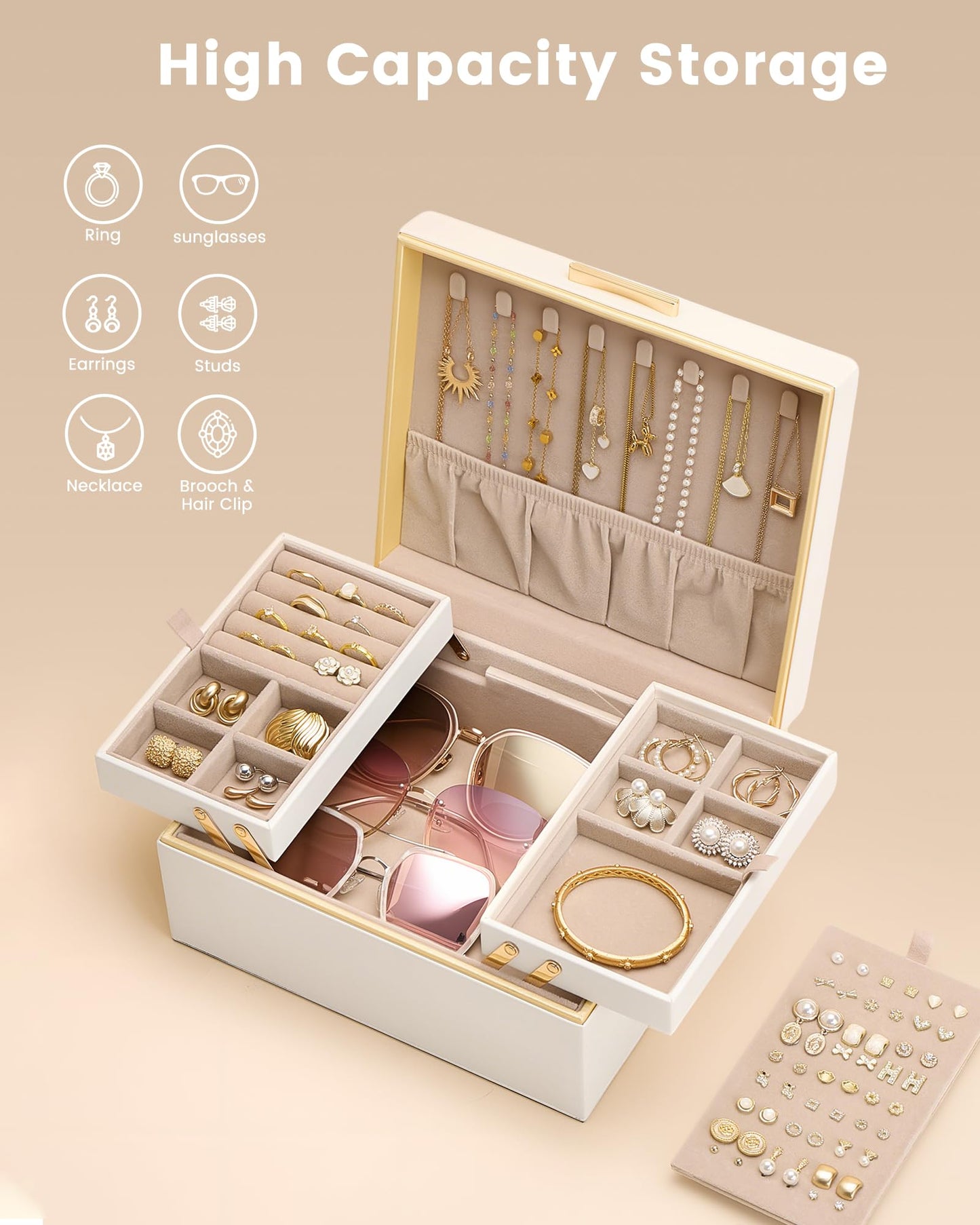 Lolalet Cream 2 Layer Jewelry Box Organizer and Cloud White Travel Jewelry Case Organizer Bundle, Jewelry Storage and Travel Solution