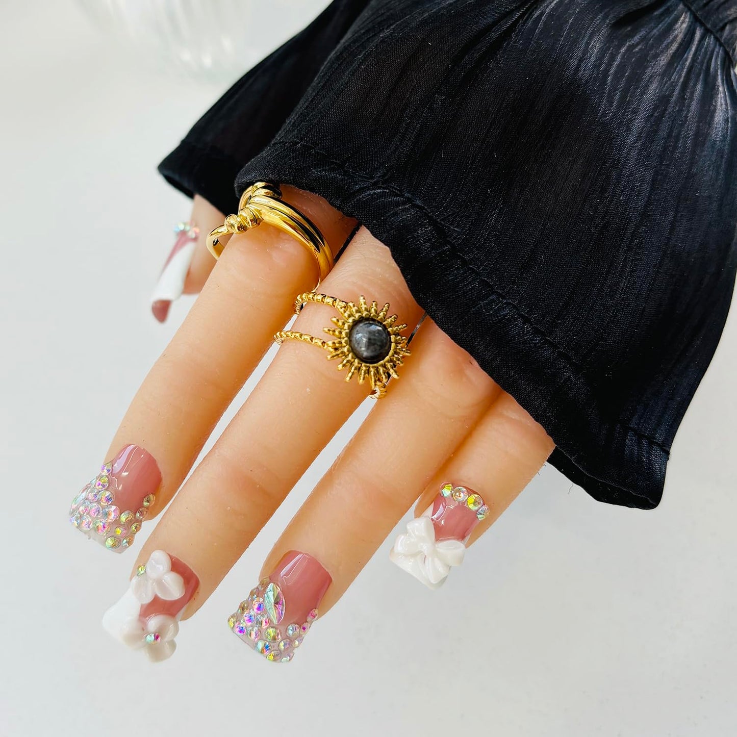 10pcs Handmade Press on Nails for Women - Medium Duck Curve 3D Thick Acrylic Fake Nails Reusable,Designer Floral Butterfly Rhinestones Bling Boho Funky Y2k Nail-art Set,S,white