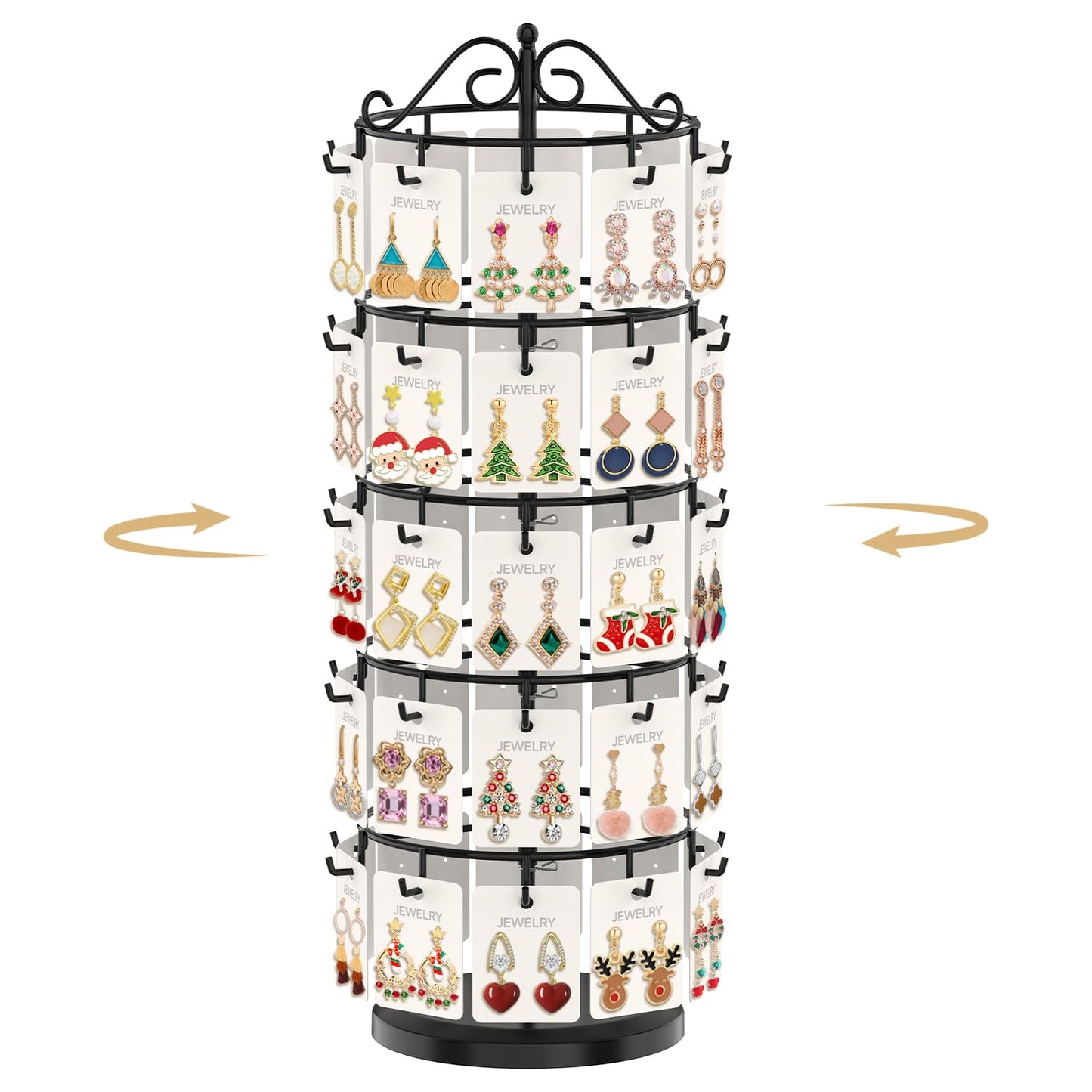 MODOWEY Earring Card Display Stand for Vendors, 50 Hooks Metal Rotating Organizer Rack Holder, 5 Tier Adjustable Jewelry Tree for Stud Pierced Dangle Selling, Boost Sales Compact Earing Hanger, Black