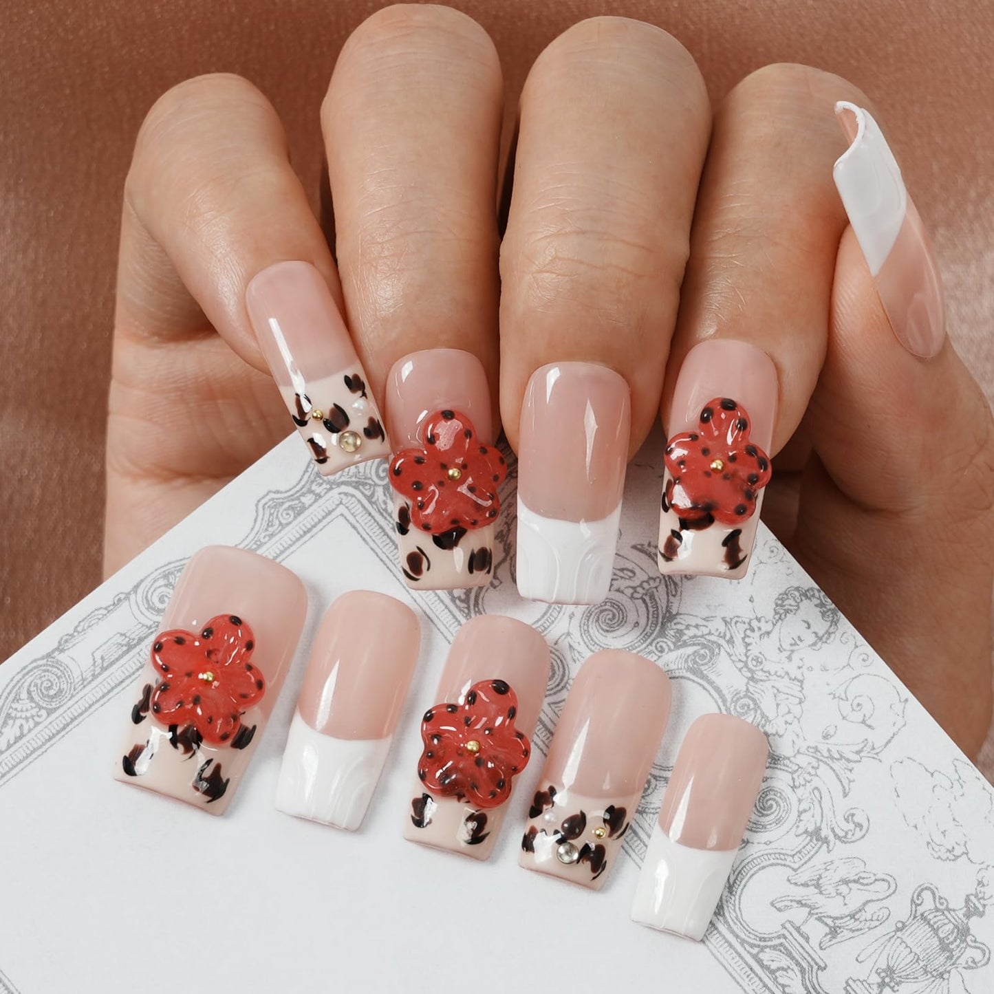 Tesytto Press On Nails Medium Square Red Flower Design, Handmade Acrylic Fake Nails with Leopard Print White French Tip, Reusable Glossy False Nails for Women Girls (Embossed French Leopard Bloom,M)