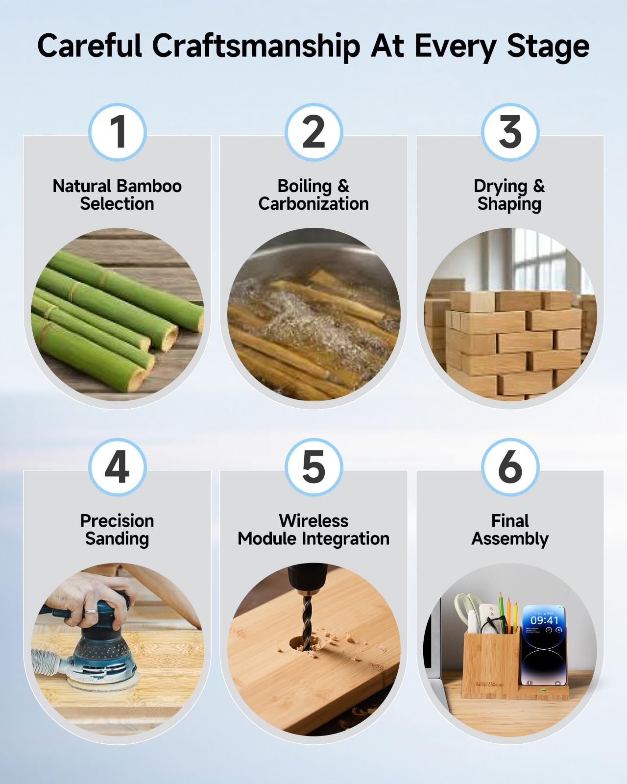 Bamboo Pen Holder for Desk & Nightstand Organizer with Fast Wireless Charging for iPhone, Samsung & More – Office Desk Accessories for Men/Women (Bamboo)