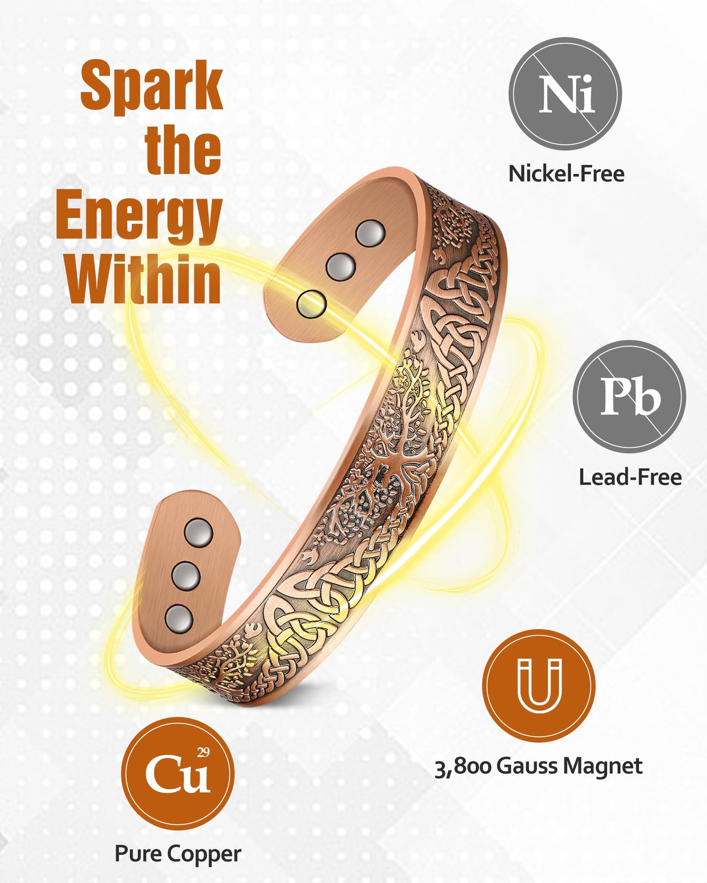 Jecanori Copper Bracelet for Men, 18X Strength Mens Magnetic Copper Bracelets with 3,800 Gauss Magnets, 99.99% Pure Solid Copper, Copper Jewelry Gift