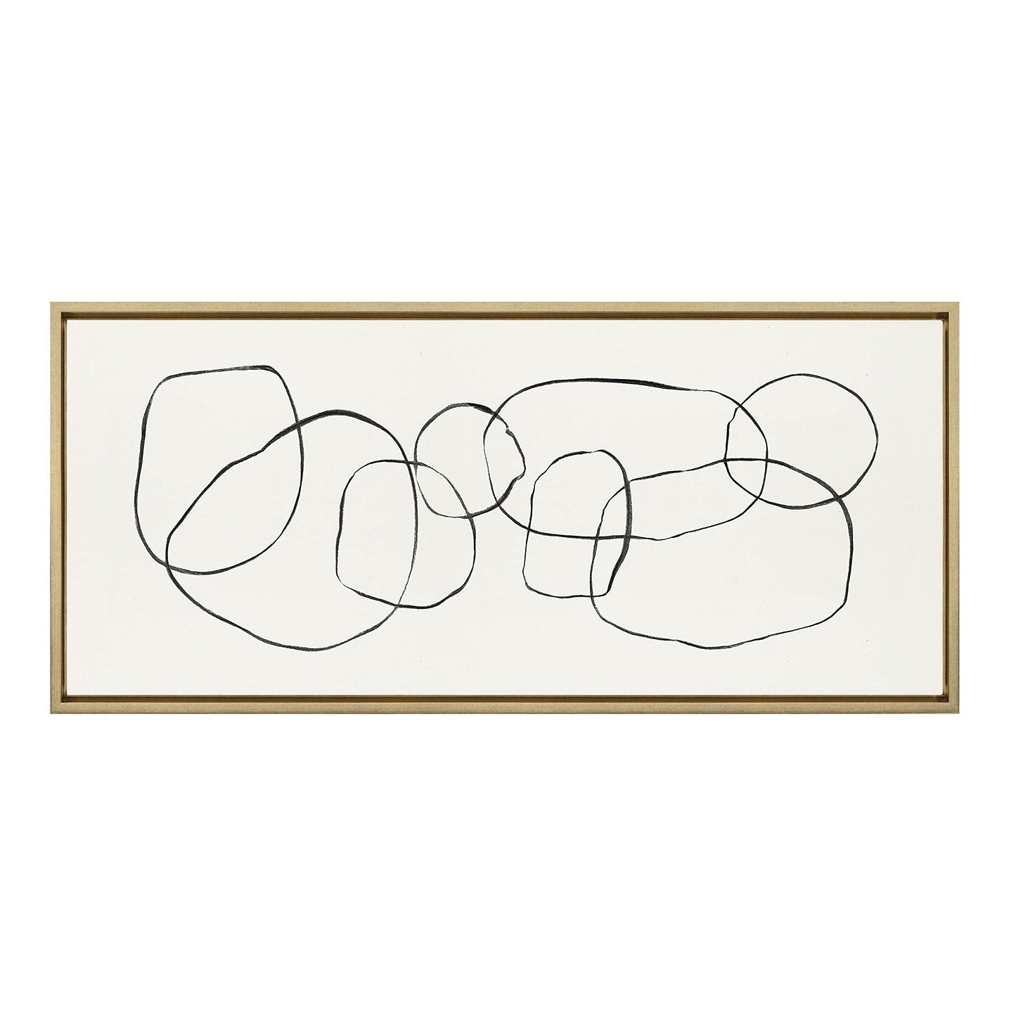 Kate and Laurel Sylvie Dancing Circles Framed Linen Textured Canvas Wall Art by Teju Reval of SnazzyHues, 18x40 Gold, Neutral Abstract Wall Decor