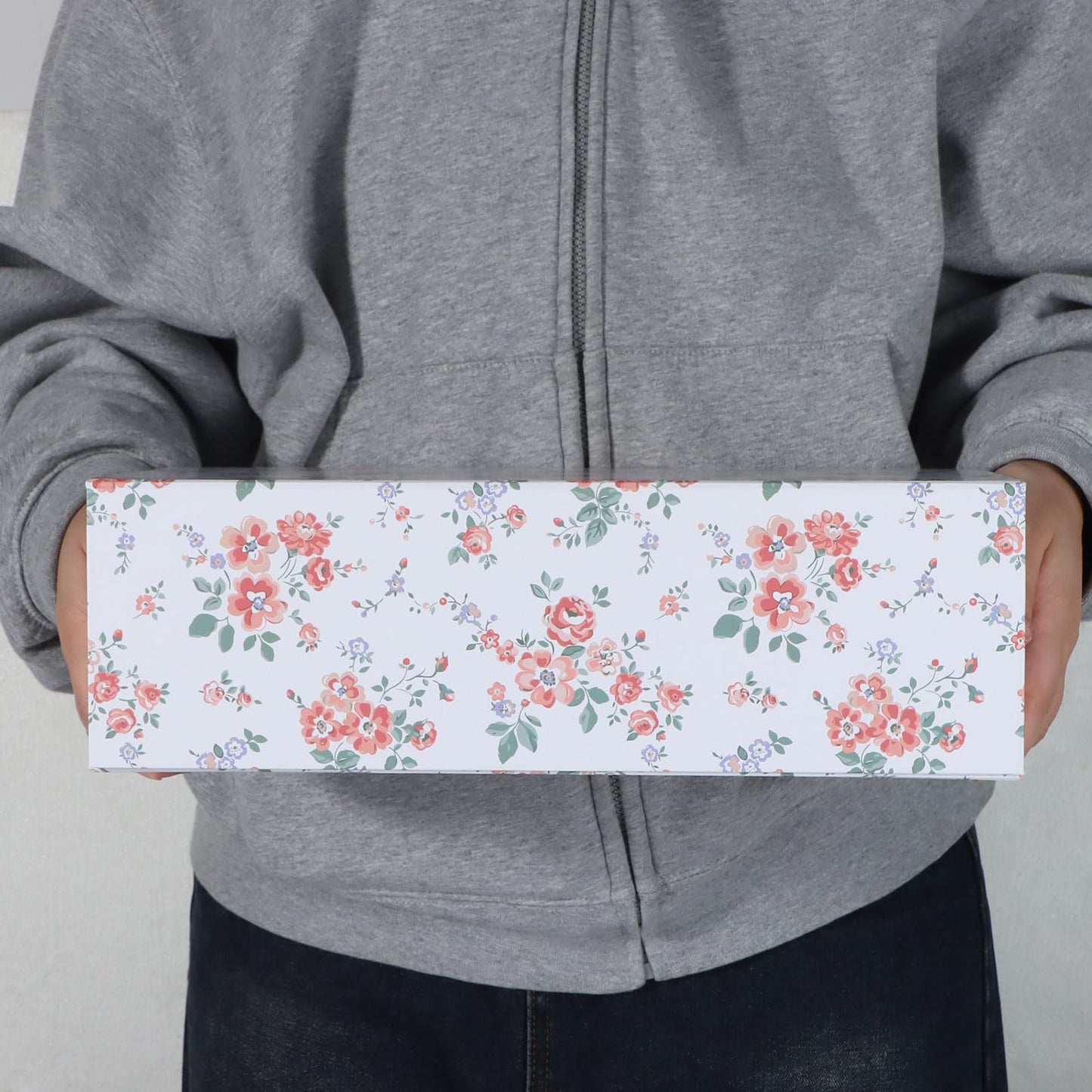 LFBOX Rose Floral Gift Box with Magnetic Lids 13.8x8.3x4.4 in, Large Bridesmaid Proposal Boxes, Rectangle Wedding Decorative Storage Box 3 Pack