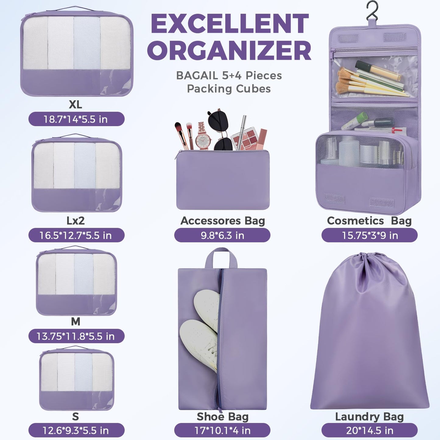 BAGAIL 9 Set Packing Cubes with Packing List Luggage Packing Organizers for Travel Accessories (Dusty Purple)