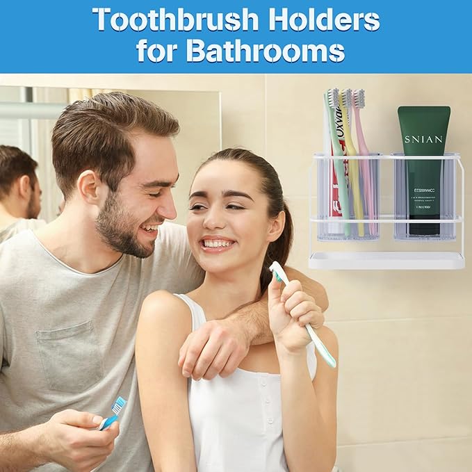 Countertop Toothbrush Holders, Wall Mounted Electric Tooth Brush and Toothpaste Holder for Bathroom with Hook, 2 Cups Toothbrush Organizer with Drain Tray Bathroom Accessories Storage (White)