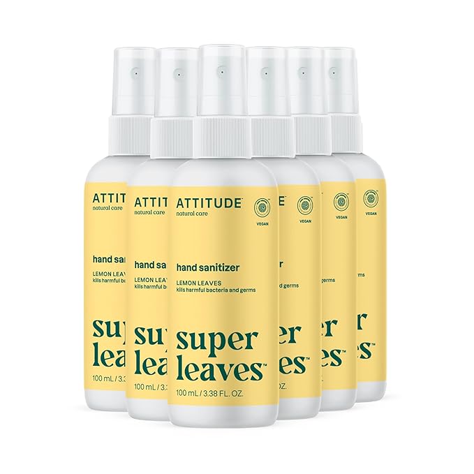ATTITUDE Hand Sanitizer Spray for Adults and Kids, EWG Verified, Kills Bacteria and Germs, Vegan, Lemon Leaves, 3.38 Fl Oz (Spray Bottle) (Pack of 6)