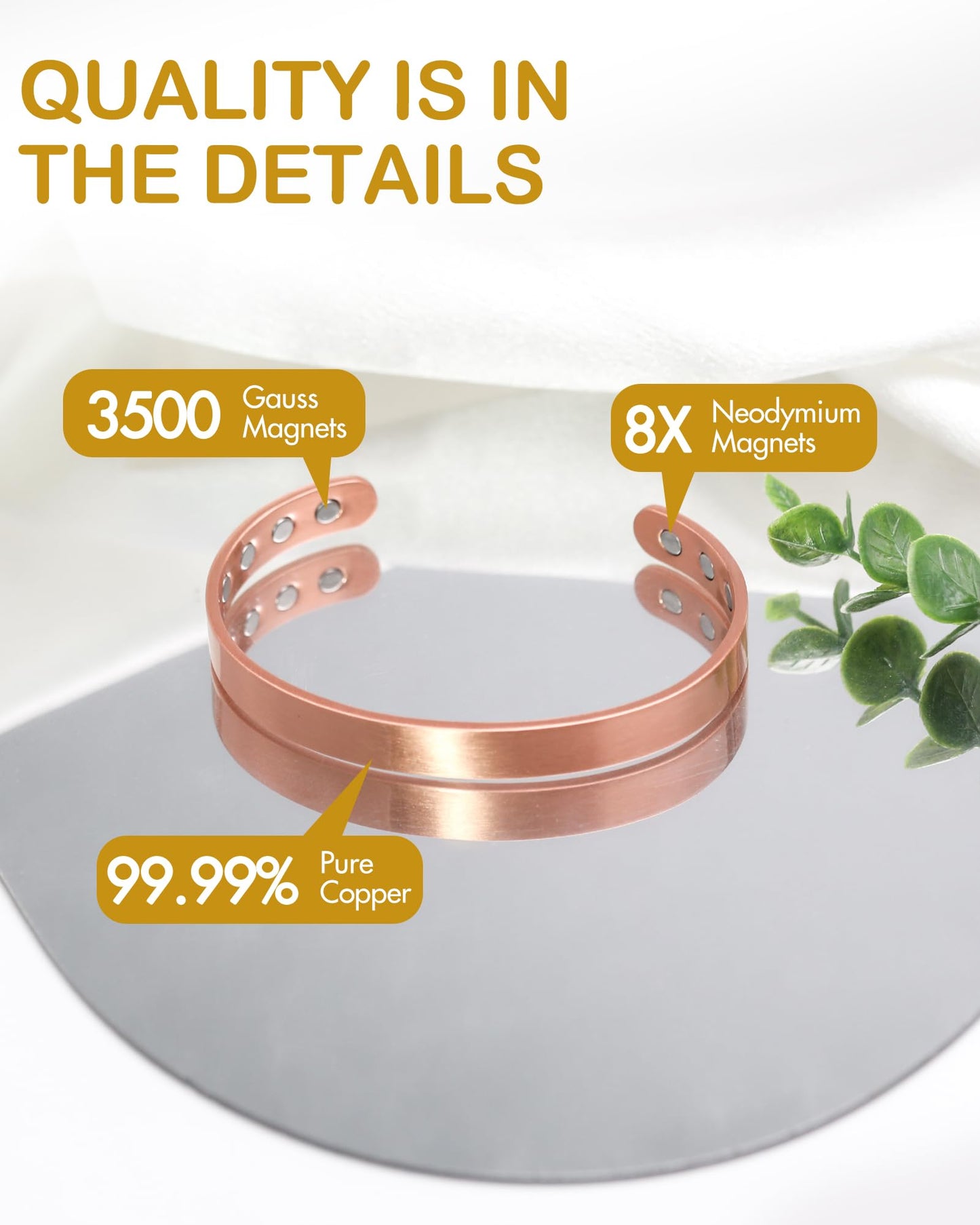 Feraco Copper Magnetic Bracelet for Men Women, 99.99% Pure Copper Cuff Bangle with Strong Neodymium Magnets, Adjustable Jewelry Gifts