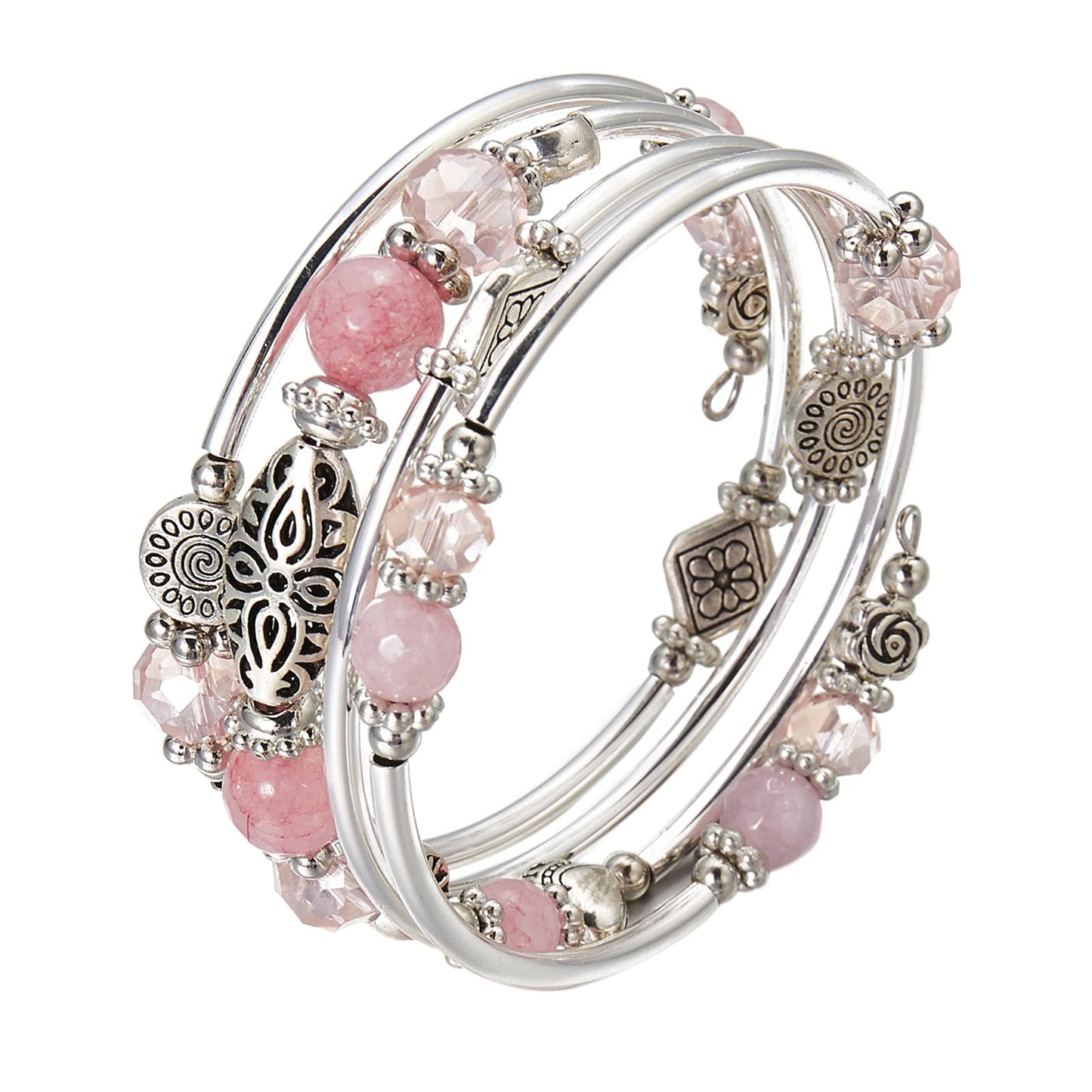 FULU AUTUMN Stackable Beaded Bracelets for Women Boho Wrap Silver Bracelet Layered Fashion Jewelry Gifts for Her(Pink)
