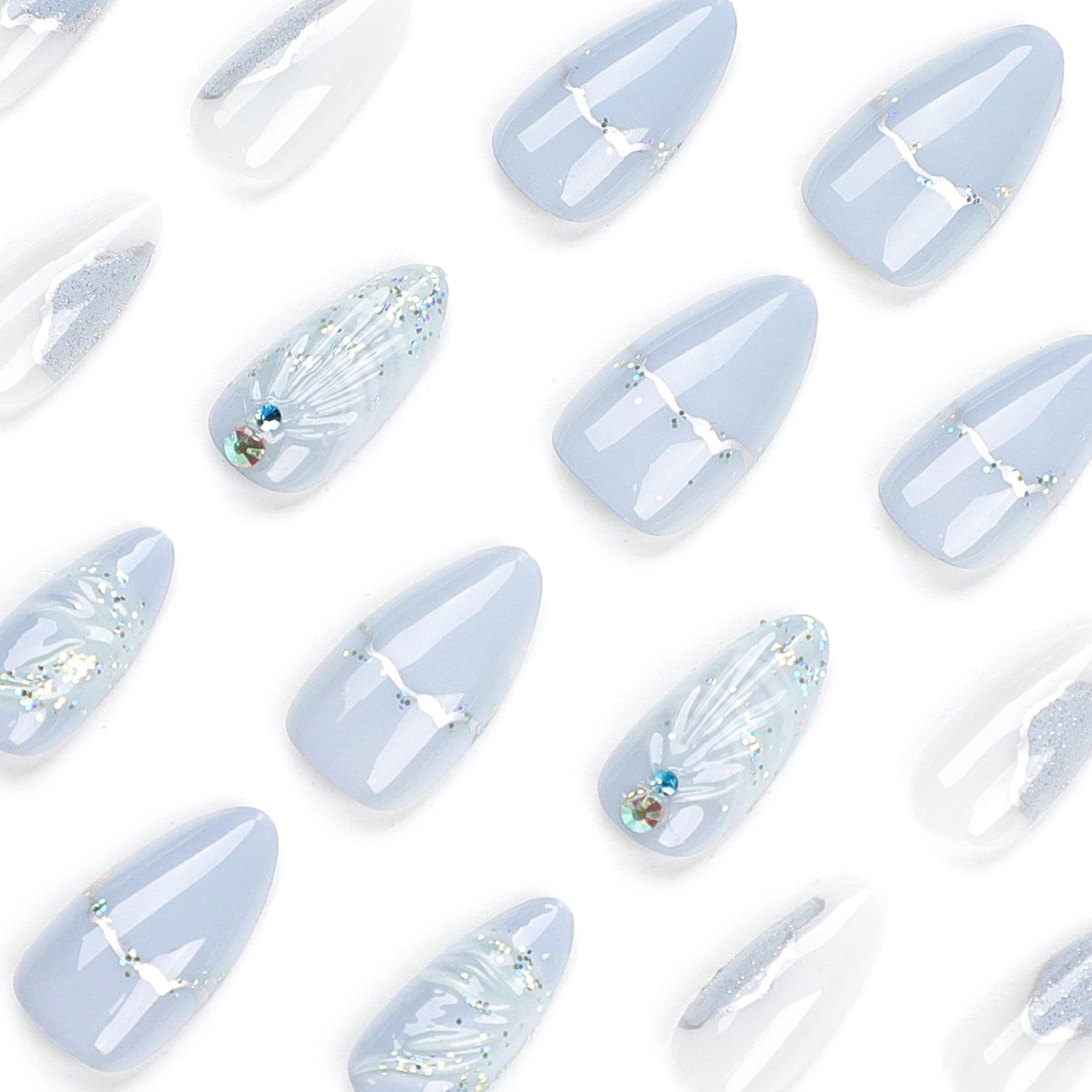 3D Shell Press On Nails – 24PCS Medium Almond White Iridescent Fake Nails with Rhinestones, Silver Chrome Mermaid Gel Design, Reusable Glossy Stick On Nails for Women