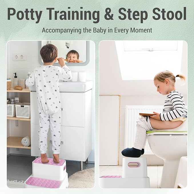 COOSEYA 2 Step Stools for Kids,Toddler Step Stool for Bathroom Sink,No-Slip Double up Stepping for Toddlers Bathroom, Multifunctional Toilet Potty Stool for Kids,Toilet Potty Training(2 Packs)（Pink）