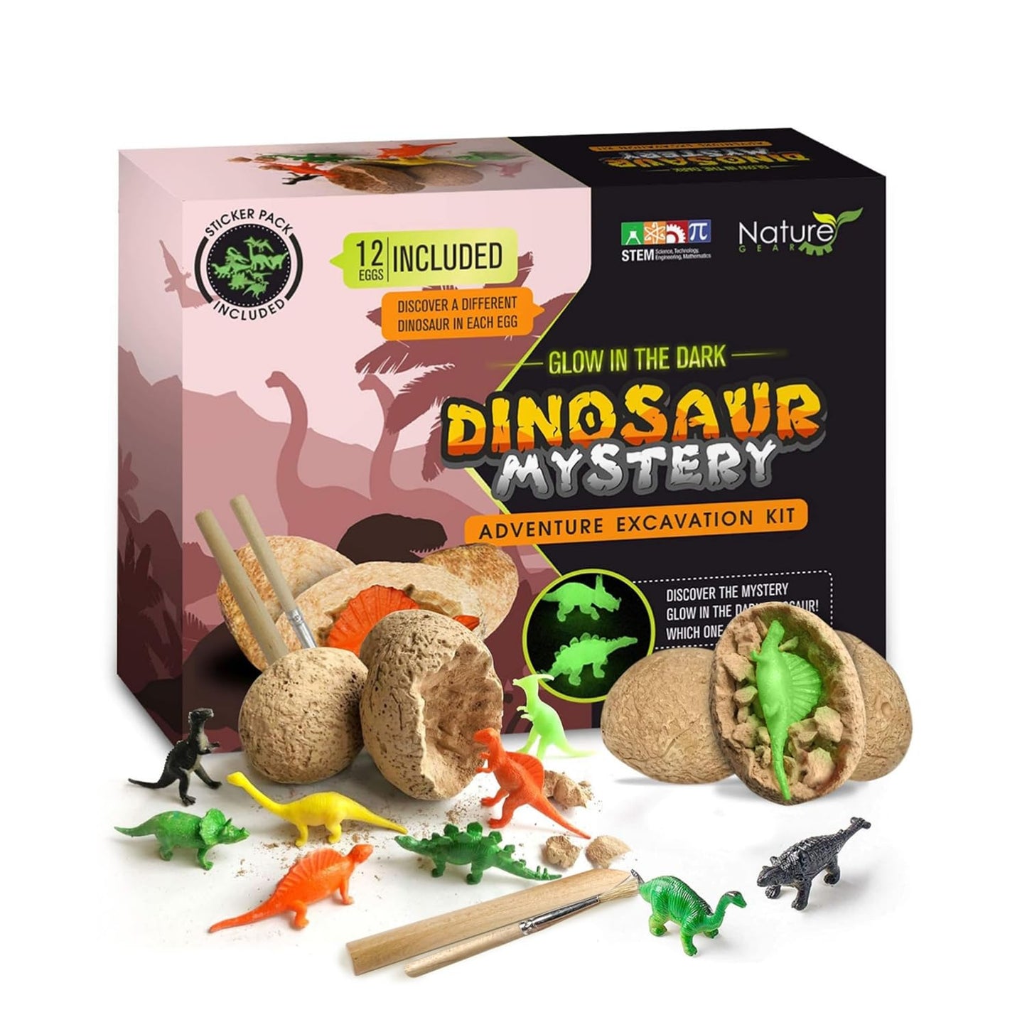 Nature Gear Dino Dig Kit for Kids, Dinosaur Eggs Digging Kit, Educational Egg Excavation Kit with 12 Glow in The Dark Mystery Dinosaurs, Interactive Archaeology Fossil Toy for Kids Age 3-5 and Up