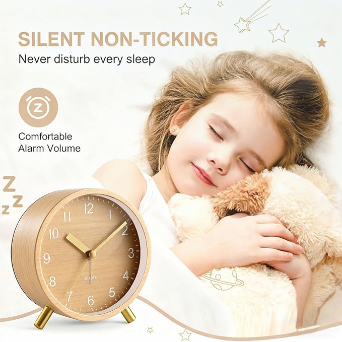 Analog Alarm Clock, Silent Non-Ticking with Night Light, Battery Operated, Fashionable Round Metal Alarm Clock for Office, Bedroom, Elderly, Adults, Women, Men Gifts Wood-Like Color