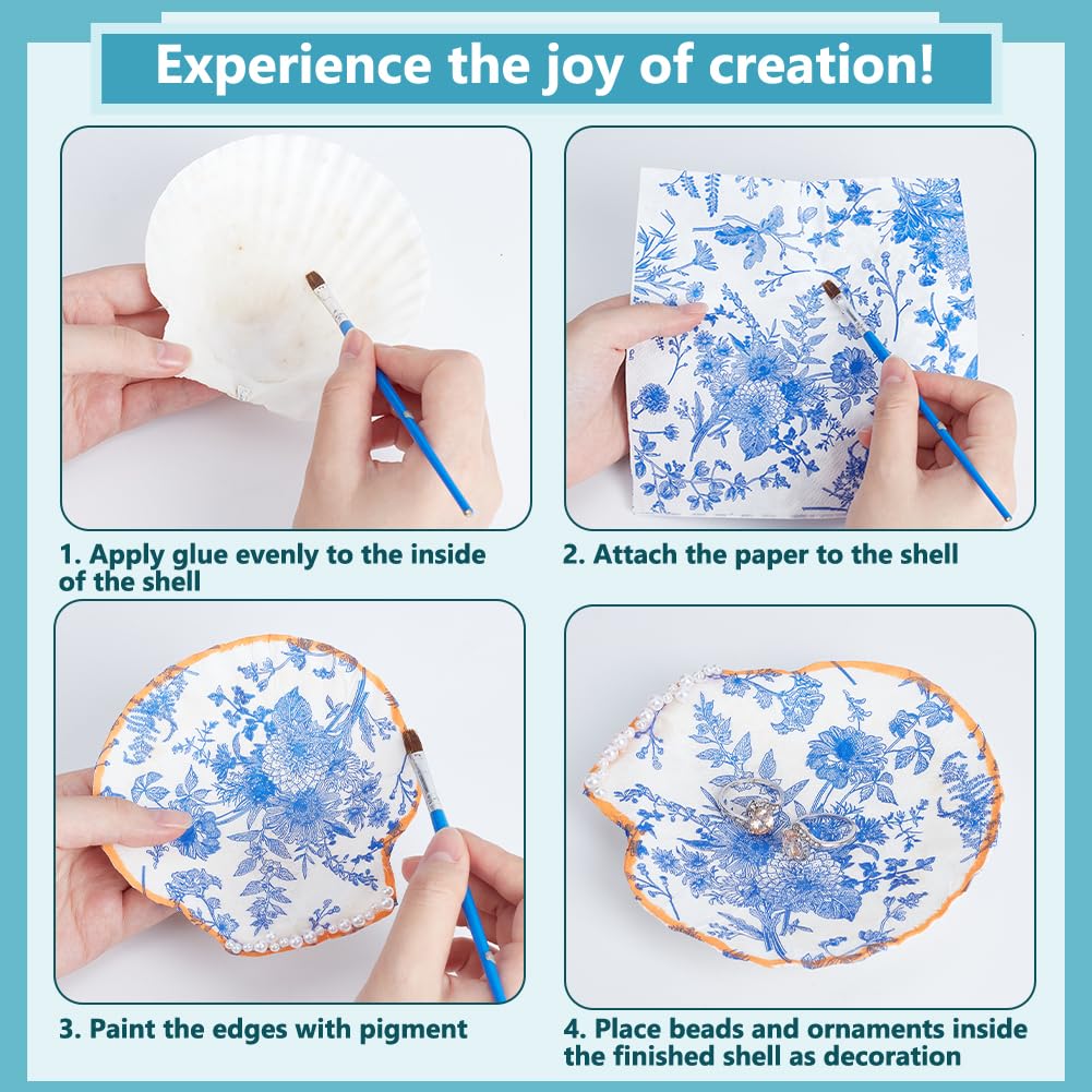 NBEADS Scallop Shells for Crafts, 15 Pcs Natural Shells 40 Pcs 8 Styles Decoupage Paper Napkins 4 Pcs Plastic Paint Strips and Brushes Decorative Paper for DIY Crafting Birthday Party