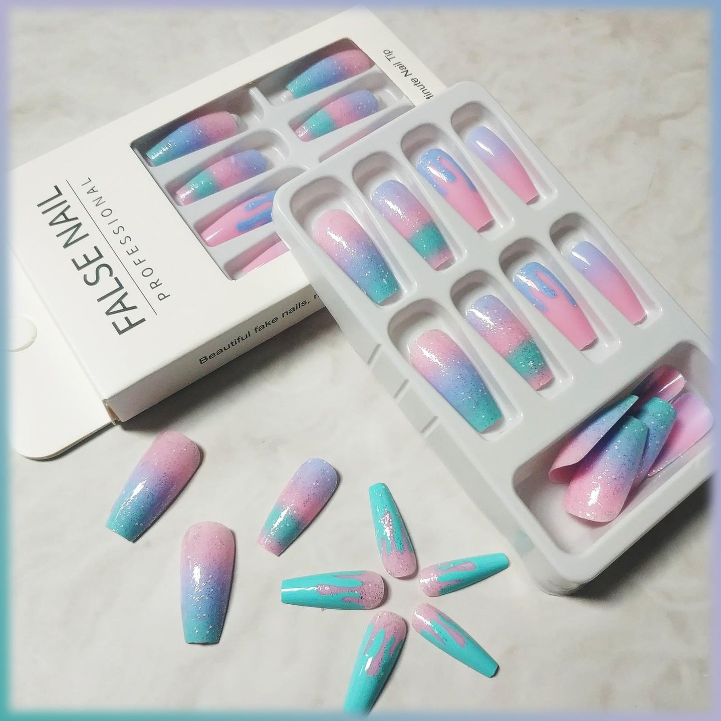 Coquette 24Pcs Rainbow Gradient Coffin Nails with Macaron Design - Sparkly Medium Glossy Glitter Manicure Art Acrylic False Nails