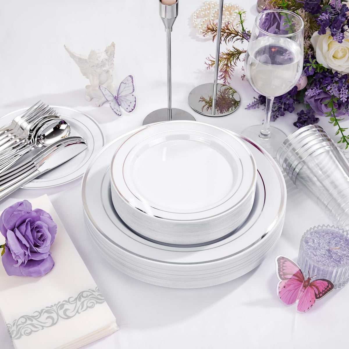 Supernal 200pcs Silver Plastic Dinnerware Sets for 25 Guests included Silver Silverware Set & Plastic Plates heavy duty Disposable Cups and Paper Napkins Disposable for Party Birthday and Wedding