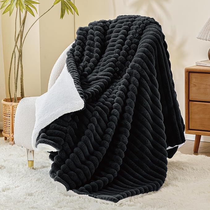 INFIIXSO Sherpa Throw Blanket for Couch - Super Soft & Warm Striped Fleece Blanket, Cozy Plush Fluffy Blanket All Season Use (Black, 60x80 Inches)