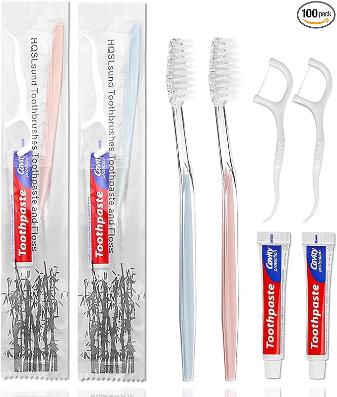 100pcs Disposable Toothbrushes with Toothpaste Floss Individually Wrapped, 2 Color Disposable Toothbrush, 10g Toothpaste, Floss Pick, Bulk Toothbrush Kit for Homeless,Airbnb,Hotel