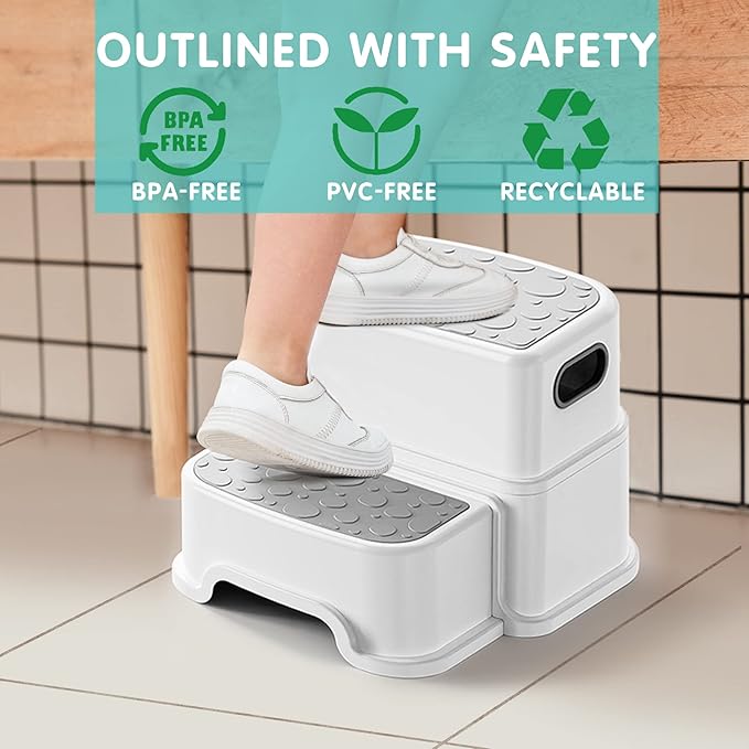 Toddler Step Stool for Kids - Non-Slip 2 Step Stool for Potty Training & Bathroom Sink, Dual Height 9.5", Sturdy Safety Nursery Stool for Kitchen & Toilet (Includes 2 Ducks)