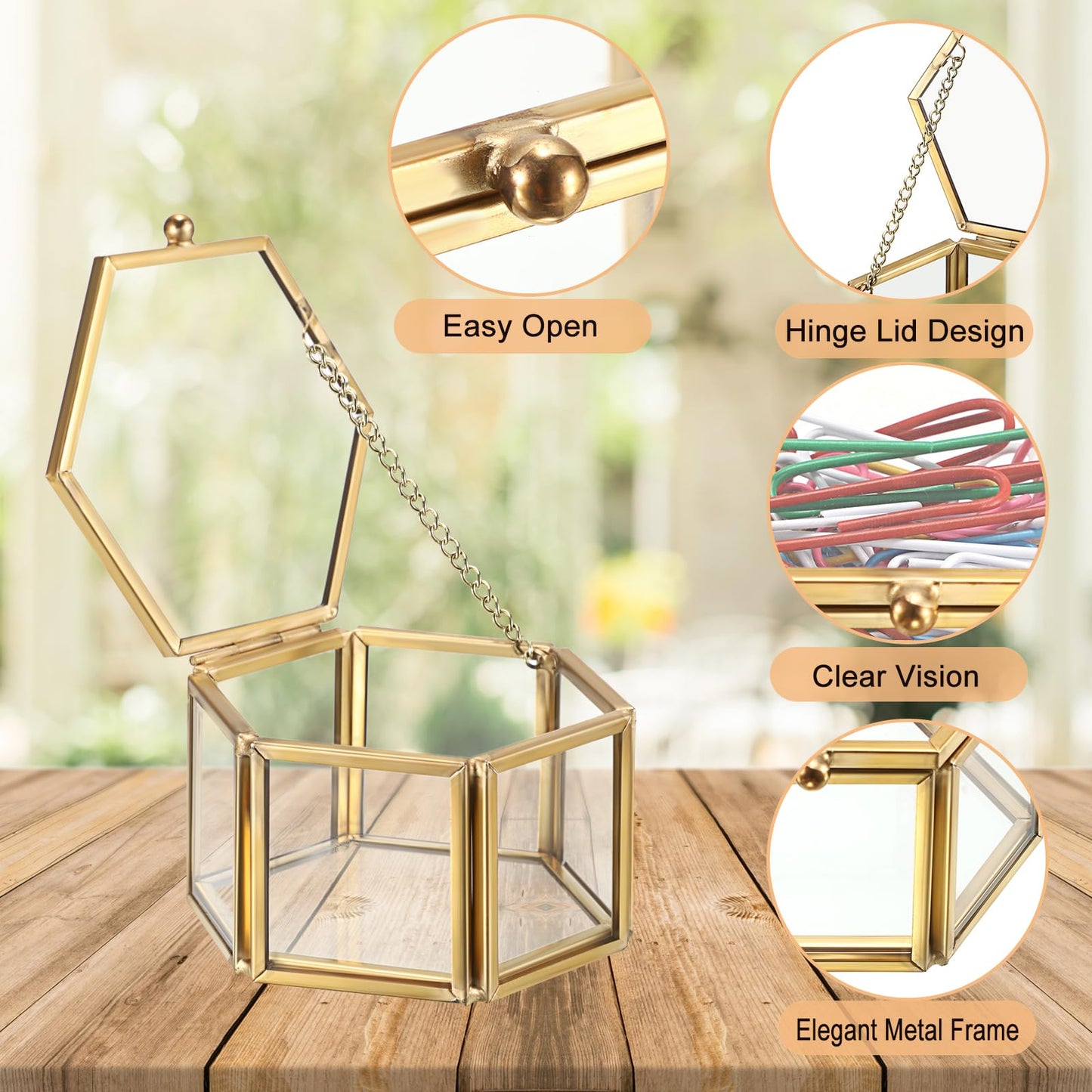 BTSKY Golden Glass Paper Clip Holder, Compact Hexagon Binder Holder for Desk, Clear Elegant Paper Clip Dispenser, Decorative Mini Storage Box Small Office Supply Accessory Organizer