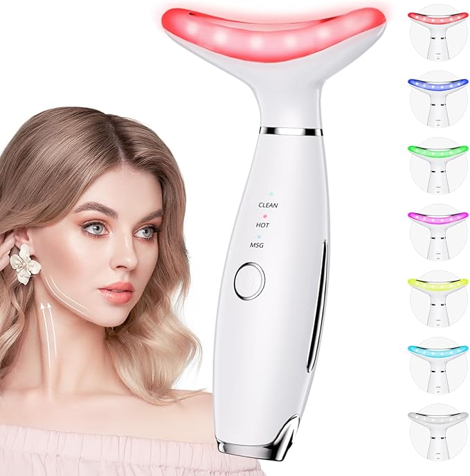 Dopsikn 7 Color Galvanic Machines - Red Light Therapy for Face and Neck, Face Massager Tool for Wrinkles, Double Chin, Vibrating Facial Massager with Thermals, White