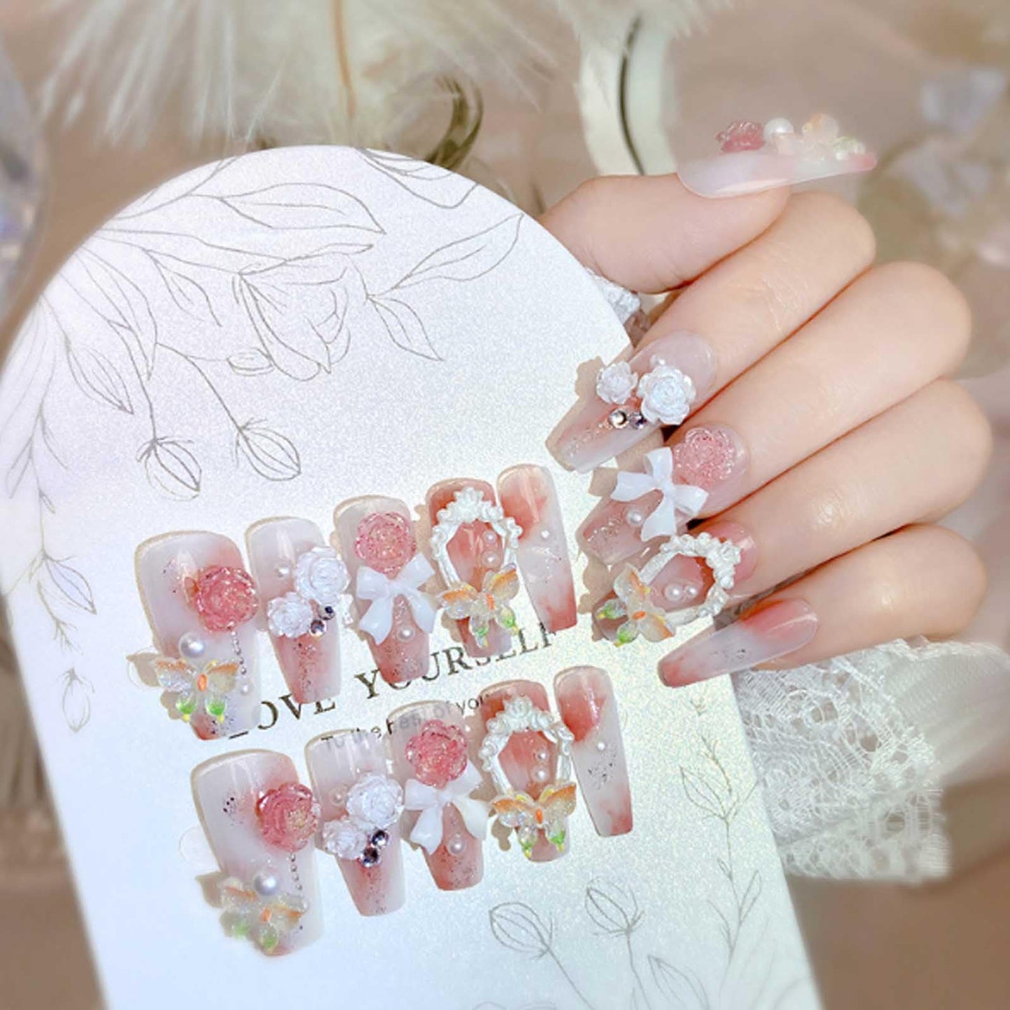 Hkanlre 3D Press on Nails Medium Fake Coffin Nails Tips Full Cover Luxury False Nails for Women and Girls 24PCS