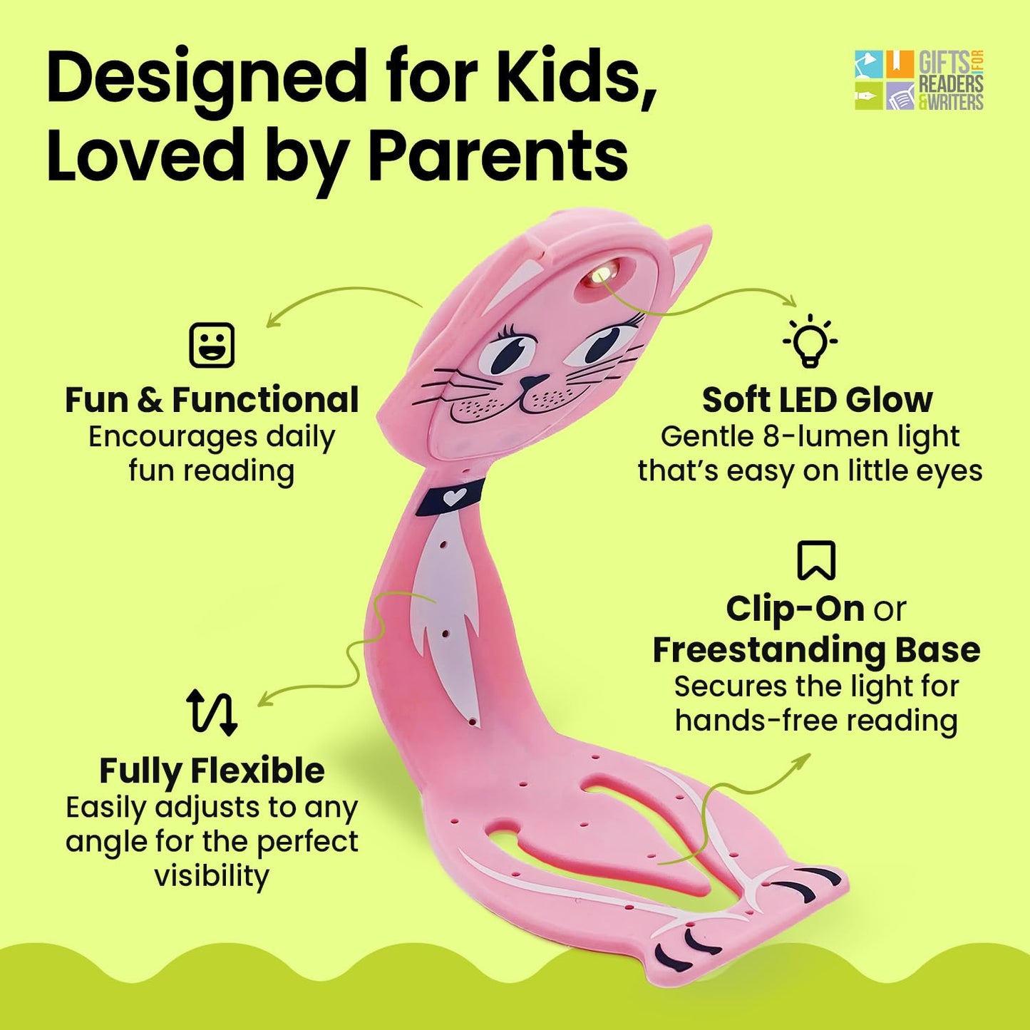 Gifts for Readers & Writers Book Light for Kids, Clip On Reading Light for Bed, 2in1 Flexilight Pals & Bookmark, Small & Lightweight with a Soft Glow, 2 Batteries Included, Cat