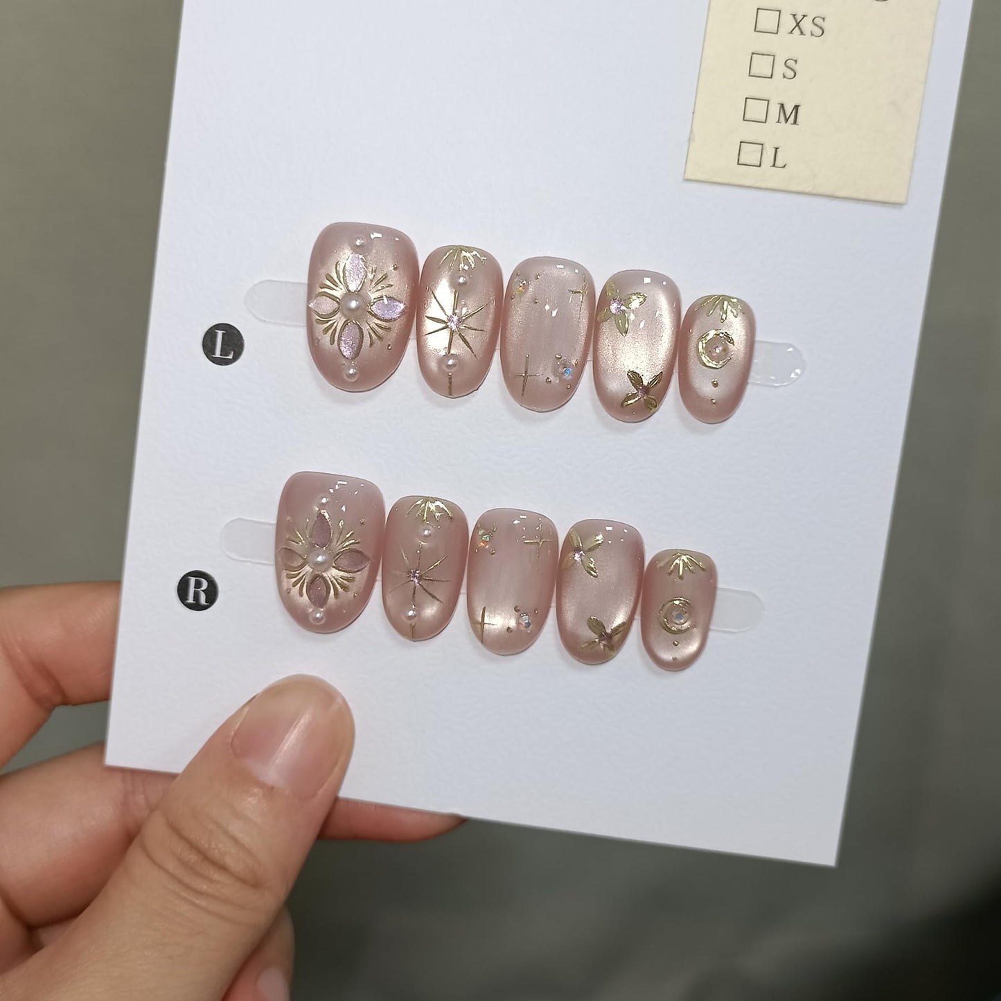 TENPAL Handmade Press on Nails Short Oval - Pink Cat Eye Glitter Sheer Nude Hand Painted Floral False Nails for Women - Glossy Acrylic Stick on Nails with Designs(M)