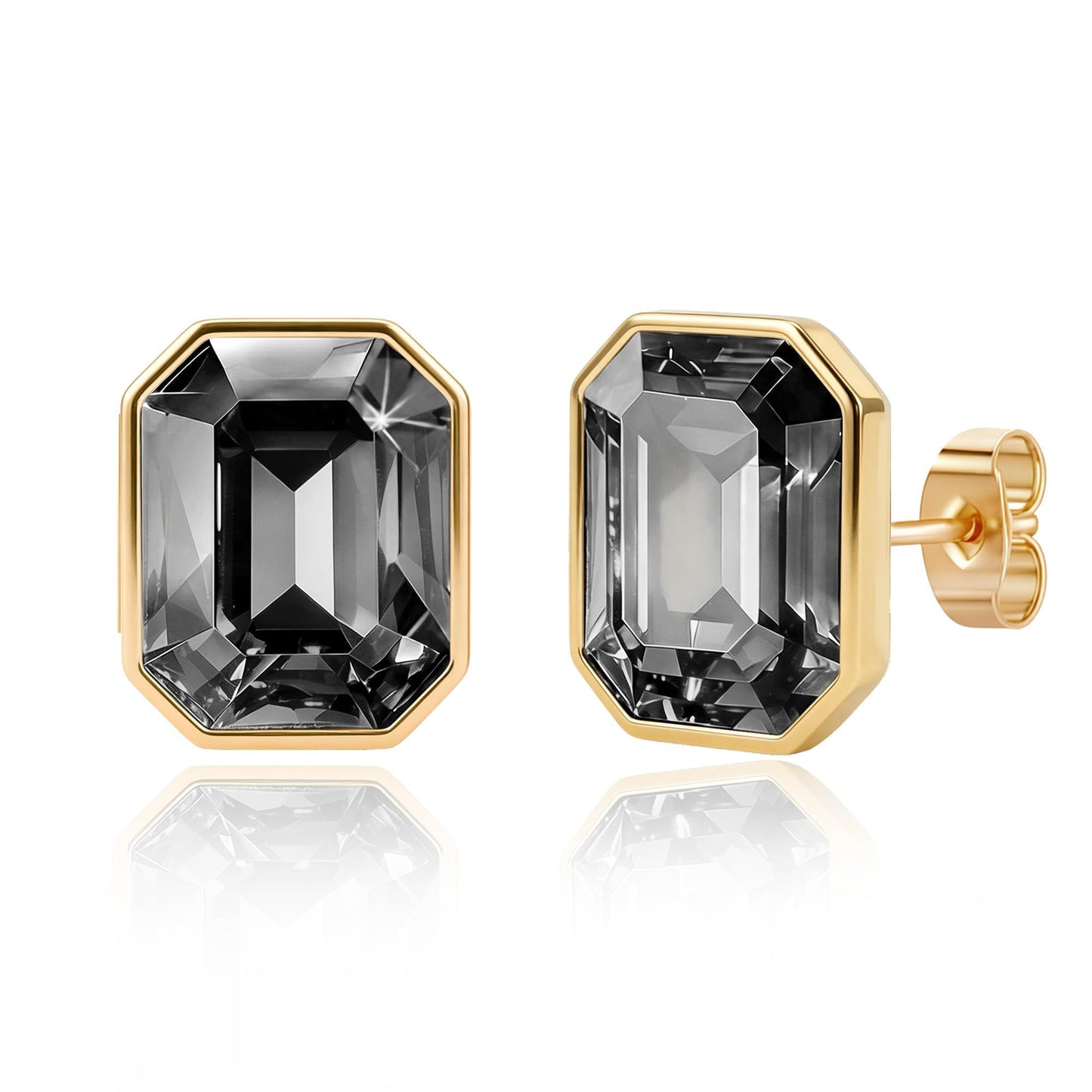 Austrian Crystal Octagon Stud Earrings for Women Fashion 925 Sterling Silver Post Hypoallergenic Jewelry (Black)
