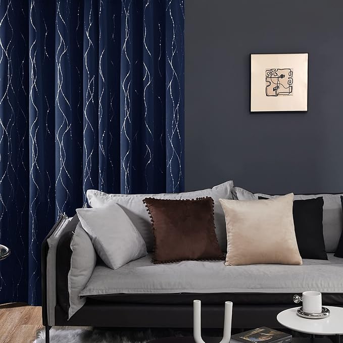 Deconovo Blackout Curtains, Thermal Insulated Noise‑Reducing Grommet Drapes, Wave Line Dot Foil Print, 52 x 72 Inch, 2 Panels, Machine‑Washable Window Curtains for Bedroom Living Room Nursery Kitchen