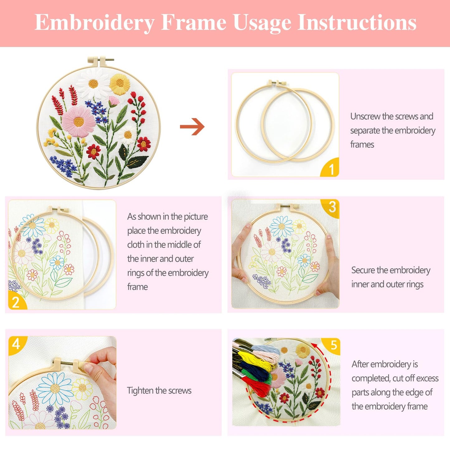 Zhenqing 4-Piece Floral Embroidery Kit for Beginners - Complete Set with Sunflower, Daisy Designs & Pre-Printed 29x29cm Cotton Fabric, Hoop, Threads & Tools(C0166)