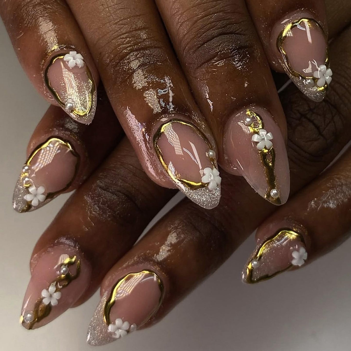 Spring Press on False Nails Glitter French Tip Fake Nails Medium Almond Glue on Nails with Flower Gold Chrome Pearl Designs Press ons Stick on Nail for Women Manicure 30Pcs