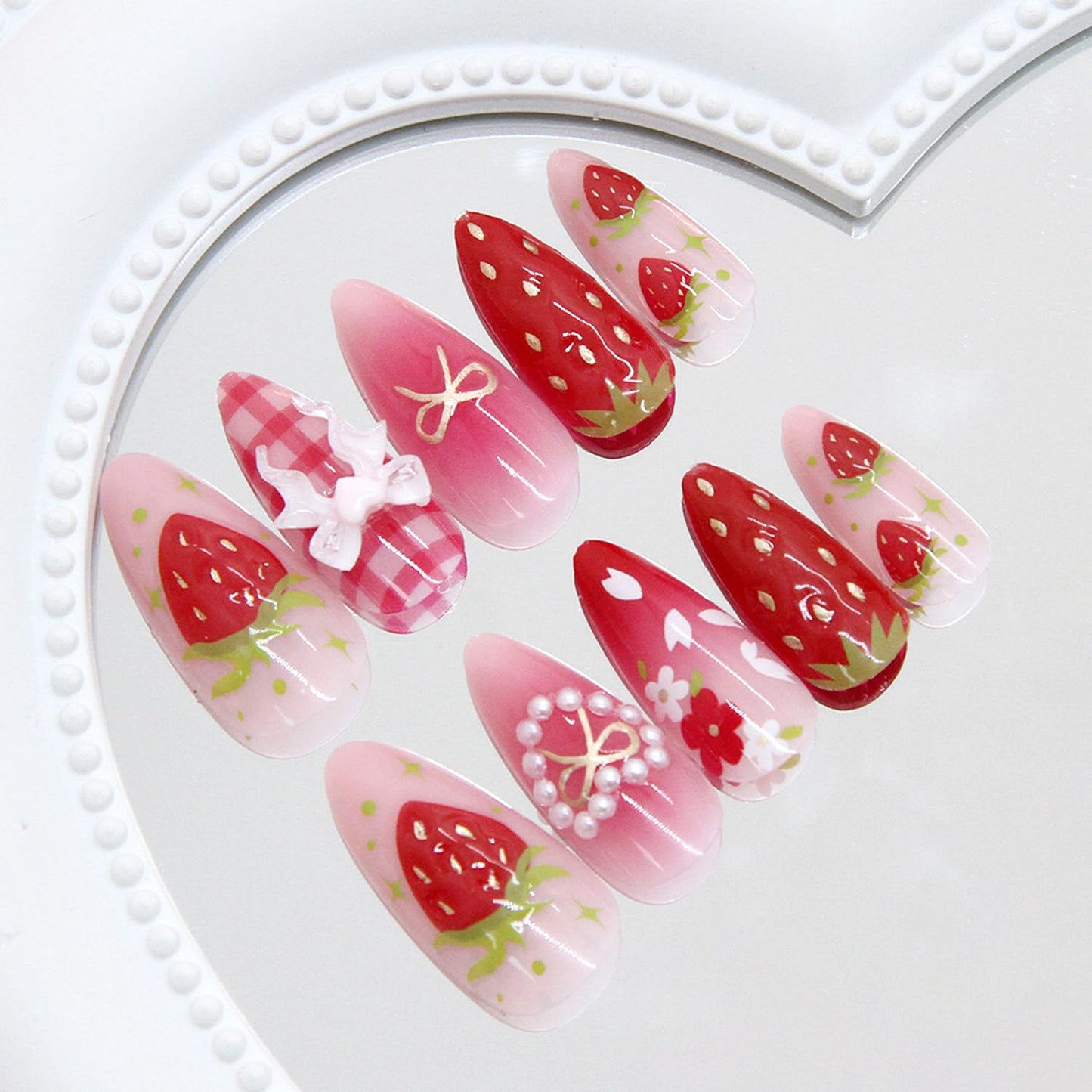24Pcs Strawberry Flower Press on Nails Medium Almond Fake Nails Cute Floral Strawberry False Nails 3D Heart Pearls Bow Charms Designs Pink Gradient Glossy Stick on Nails Acrylic Nail for Women