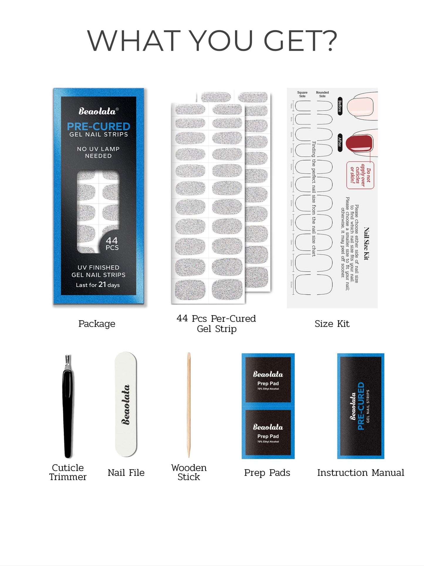 Beaolata Real Gel Nail Strips (No UV Light Needed) - 44Pcs Salon Quality Nail Stickers - Long Lasting Polish Wraps for Women, Easy Apply & Remove (Ethereal Silver)