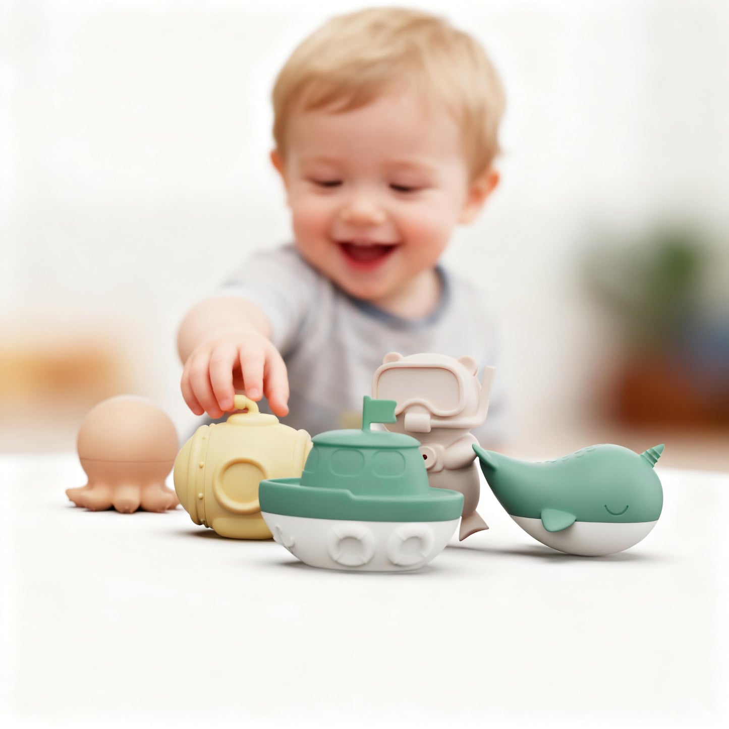 MarcZero Ocean Silicone Bath Toys 8Pcs for Toddlers Kids Babies,Bathtub Water Toys,Soft Squeezable Easy-Grip Pool Toys Set (Green)