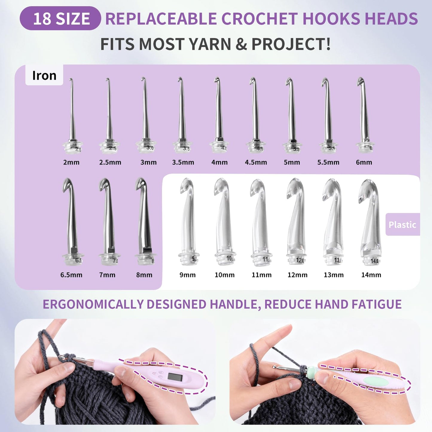 SPEENSUN Light Up Crochet Hook Set with Stitch/Row Counter, 18 Replaceable Heads (2mm-14mm) Crochet Hooks, Bright/Low Light Modes with Ergonomic Handle, 7-9hrs Runtime, Gift Box for Crafters