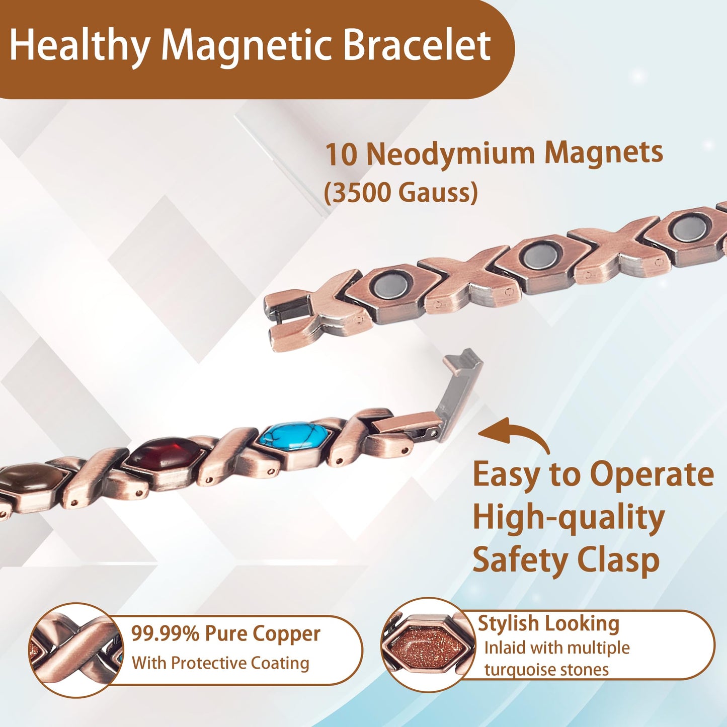 EnerCoppeX Copper Magnetic Bracelet for Women, Turquoise Detox Jewelry with 3500 Gauss Magnet (Type B)