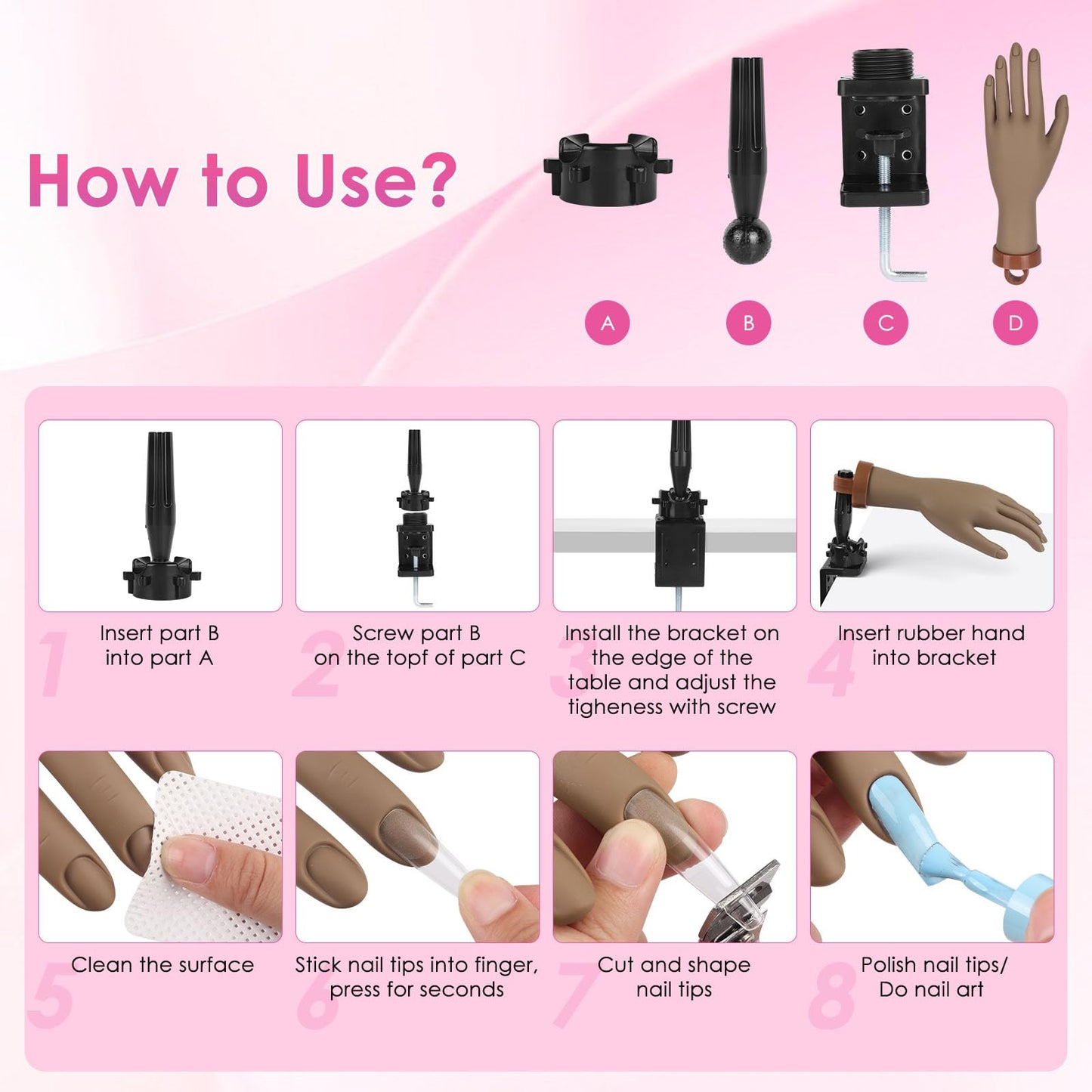 Yokilly Practice Hand for Acrylic Nails, Bendable Soft Nail Practice Hand, Flexible Plastic Nail Hand Practice, Fake Mannequin Training Hand for Nails Practice (with Clamp Holder) / Black