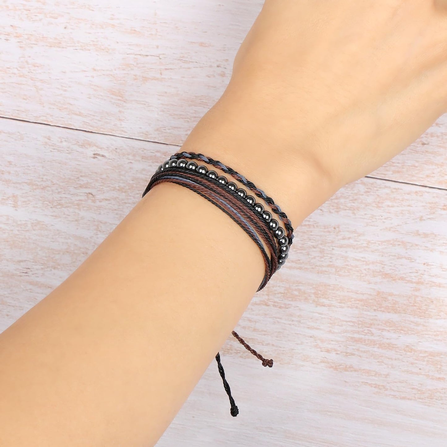 QOGIR Handmade Healing Bracelets,4mm Natural Hematite Gem Stone Beads Bracelet,for Men Women Gifts with 2PCS Size Adjustable Rope Bracelets