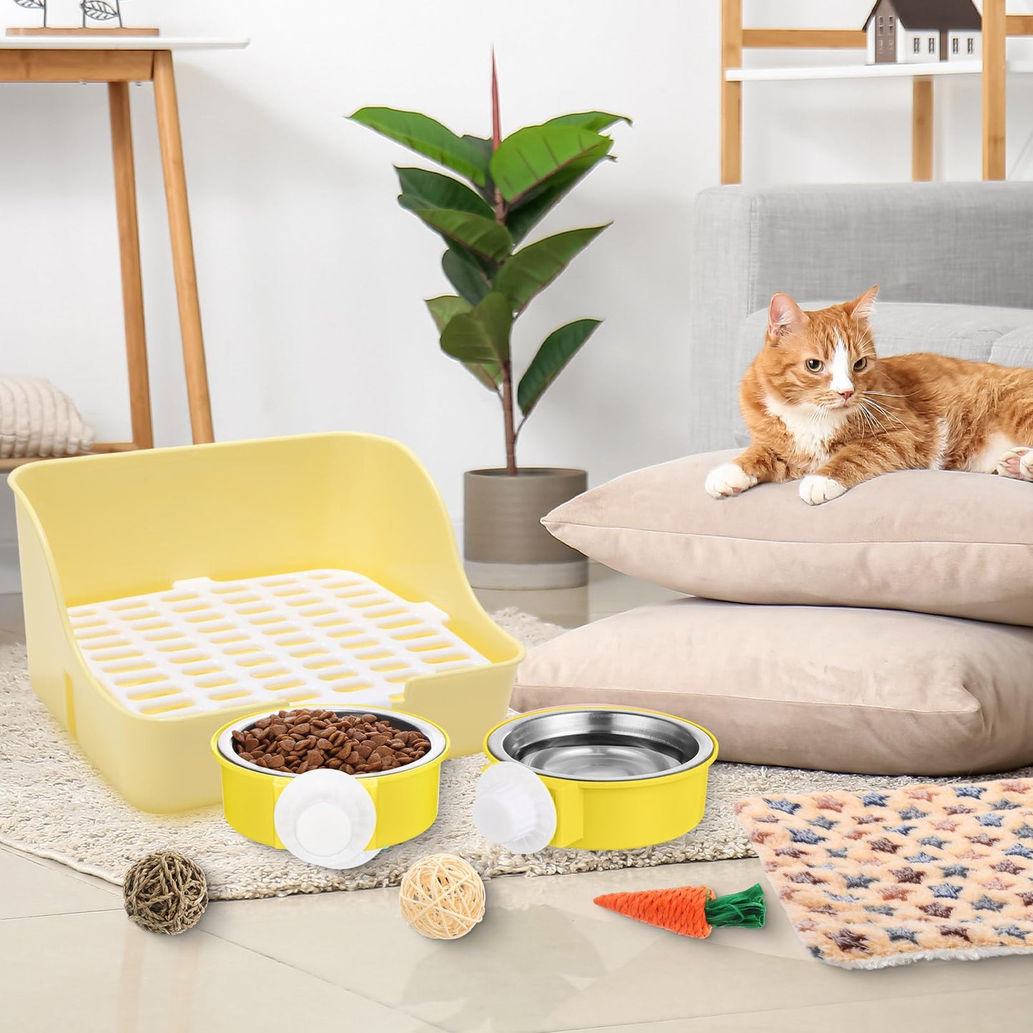 Reallnaive 15 Pcs Rabbit Starter Kit Small Rabbit Litter Box Girls Gift Animal Grooming Kit Bunny Toys Bowl Blankets with Cleaning Set for Guinea Pig Accessories(Blue)