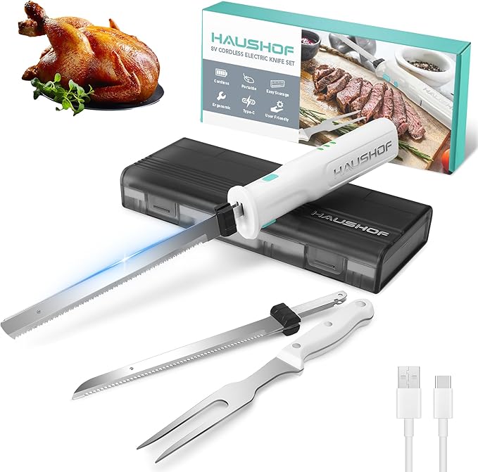 HAUSHOF Cordless Electric Knife Set for Meat Slicing, 8V Electric Carving Knife for Fish, Bread, Turkey, Rechargeable Meat Cutter with Reciprocating Stainless Steel Blades, Safety Lock & Storage Case