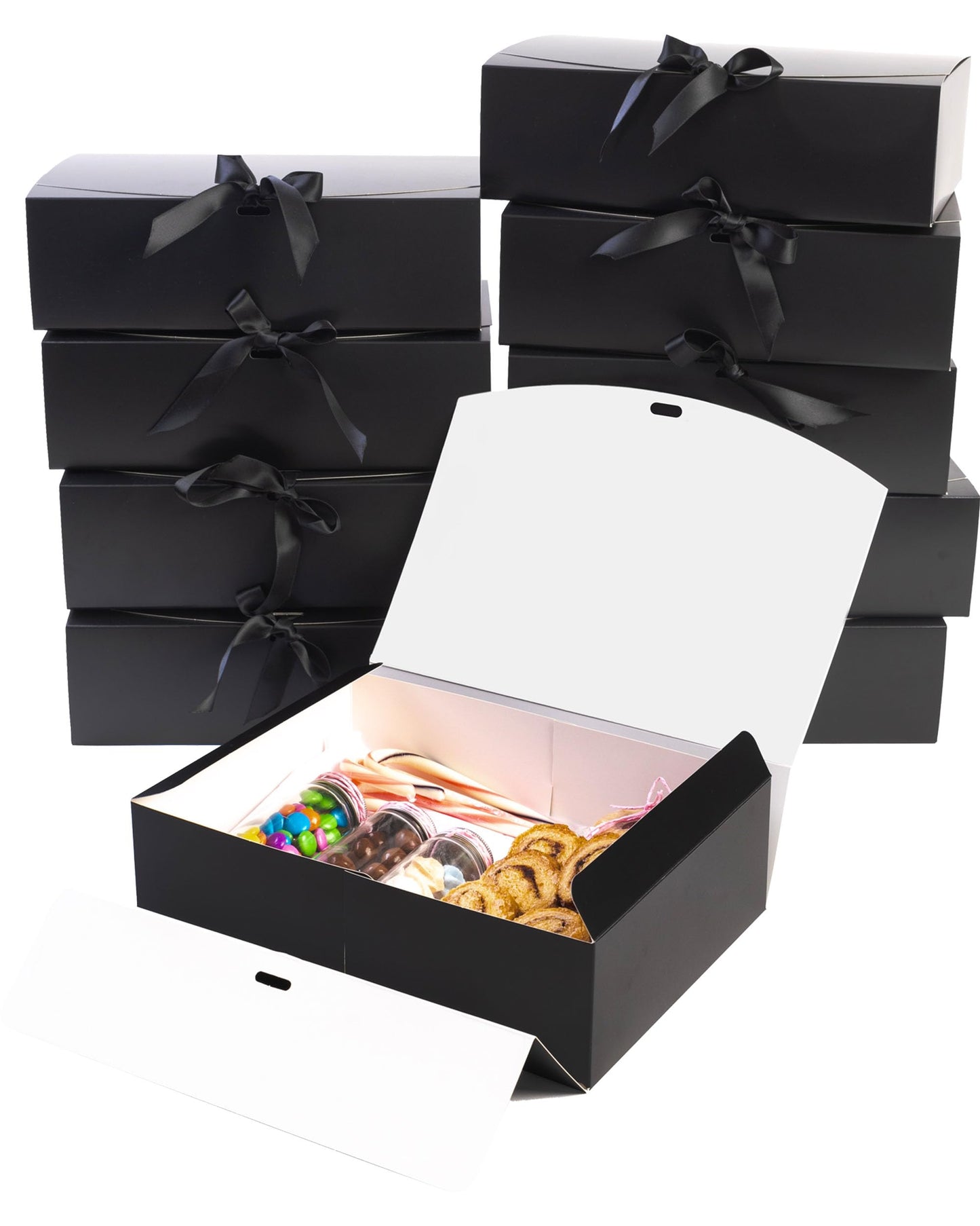 HummingBox Black Gift Box Set of 16 - Gift Boxes for Presents & gifting on weddings, birthdays & more - Easy to Assemble Black Gift Boxes With Lids & Ribbon Closure - Decorative Boxes With Lids