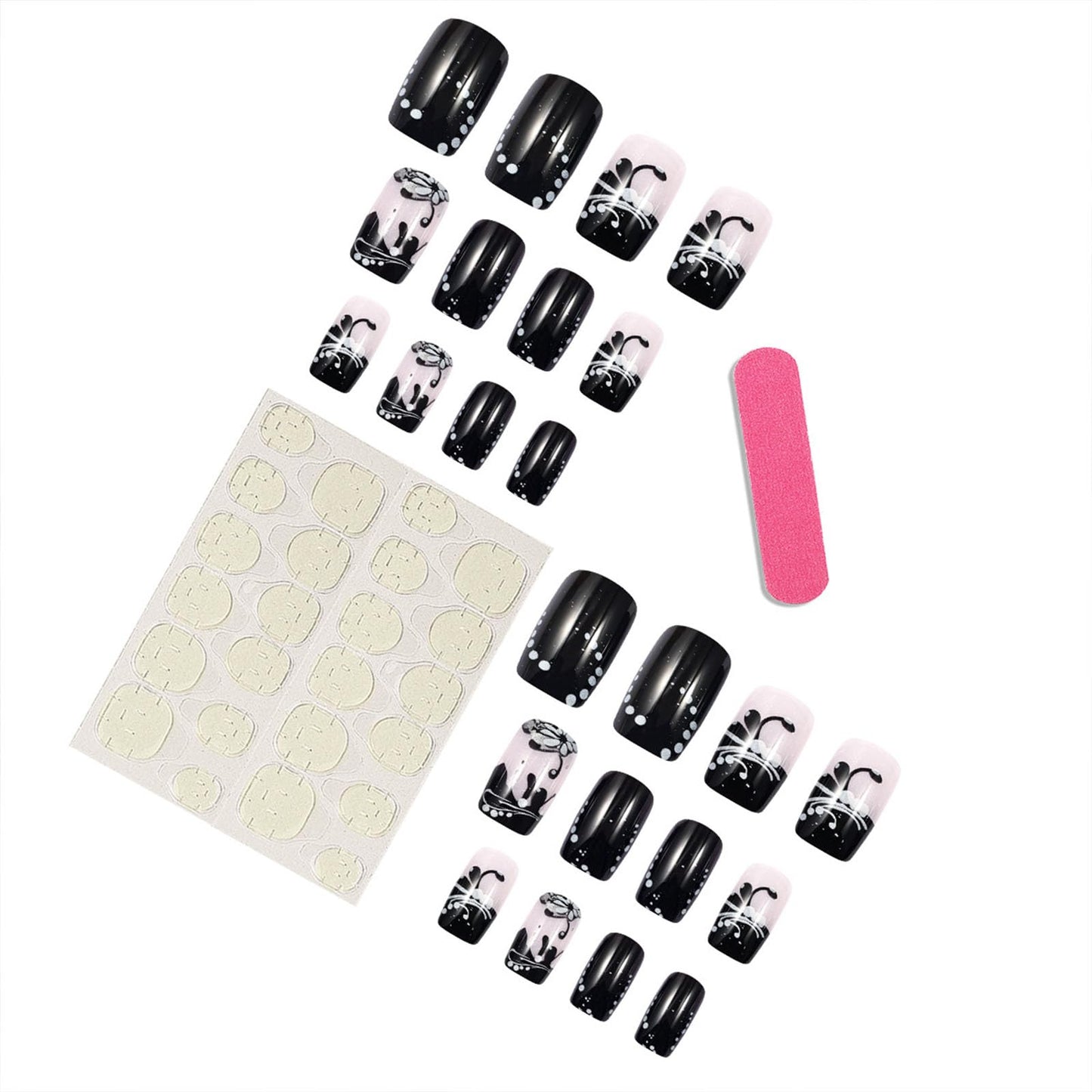 Square Medium Press on Nails French Tip Fake Nails with White Flower Dotted Lines Designs Glossy Glue on Nails Black Full Cover Nails Press ons Acrylic Artificial Stick on Nails for Women 24Pcs