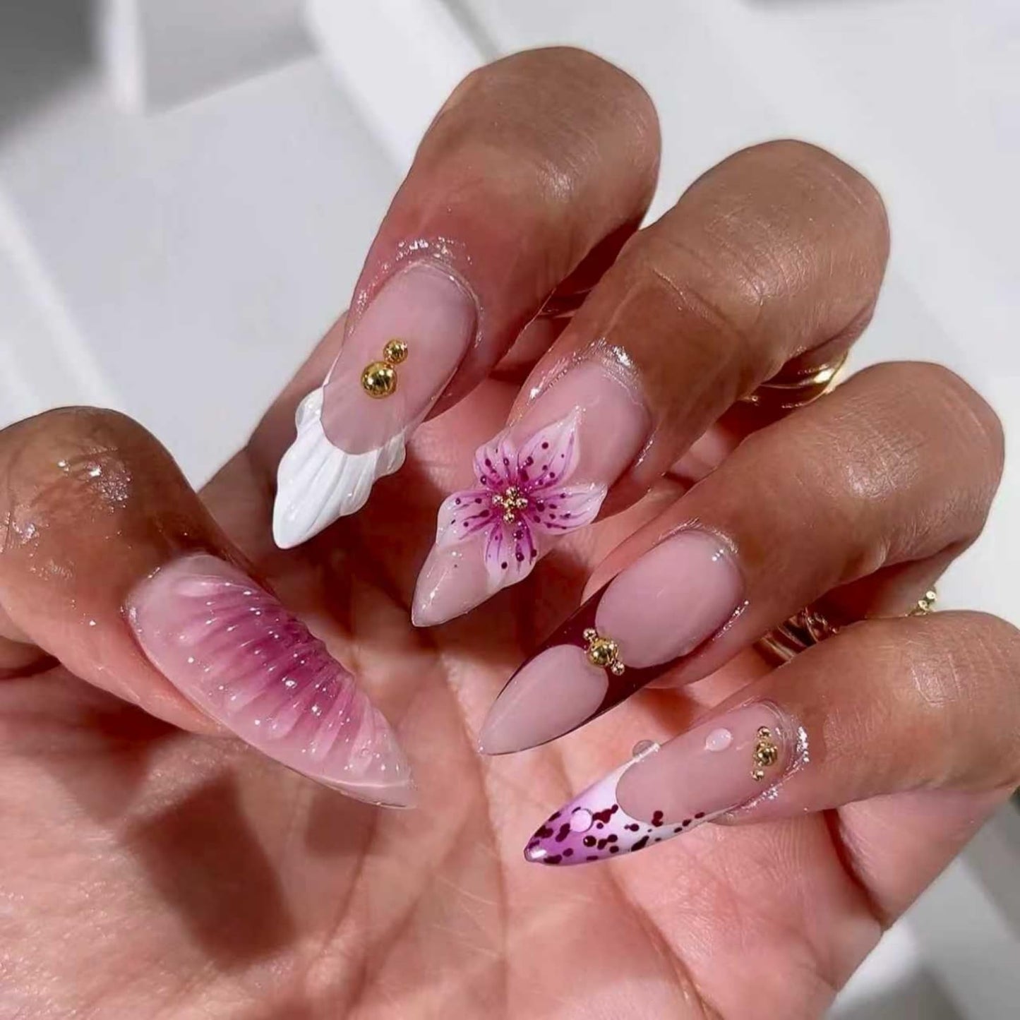 SEENEEY Almond Press on Nails Long Fake Nails French Artificial Nail Purple Floral Designs Stick on Nail for Women 24pcs