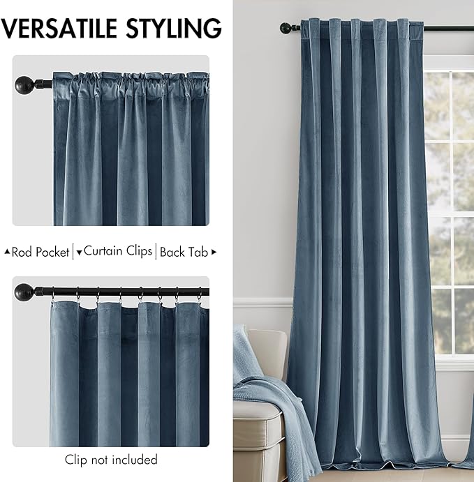 MIULEE Velvet Curtains 108 inches - Luxury Blackout Curtains for Bedroom Living Room Thermal Insulated Super Soft Window Drapes Rod Pocket & Back Tab, Stone Blue, W52 x L108 inches, 2 Panels