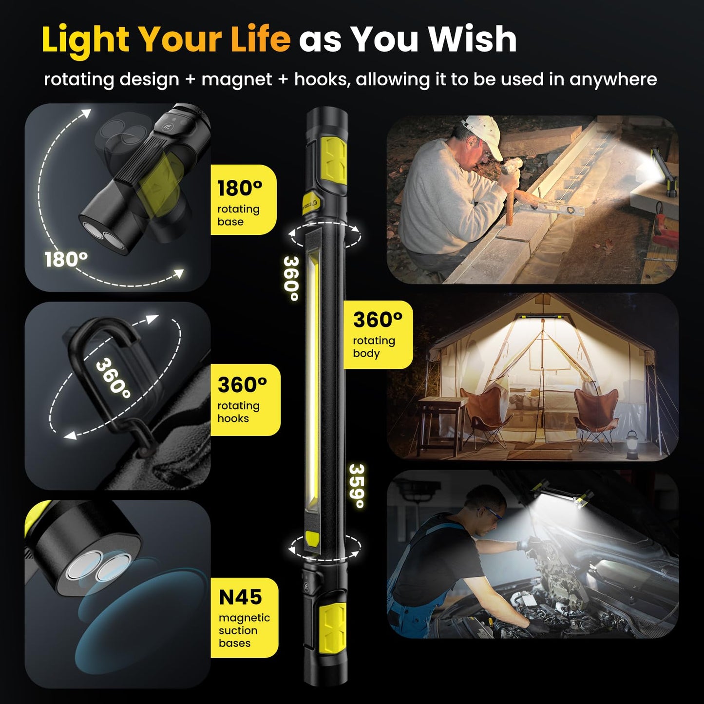 Work Light【AUTO ON/Off】 3000LM LED Work Light 5200mAh Under Hood Working Light with Hooks, Portable Magnetic Rechargeable Cordless Job Site Lighting for Mechanic/Car Repairing/Garage-Yellow