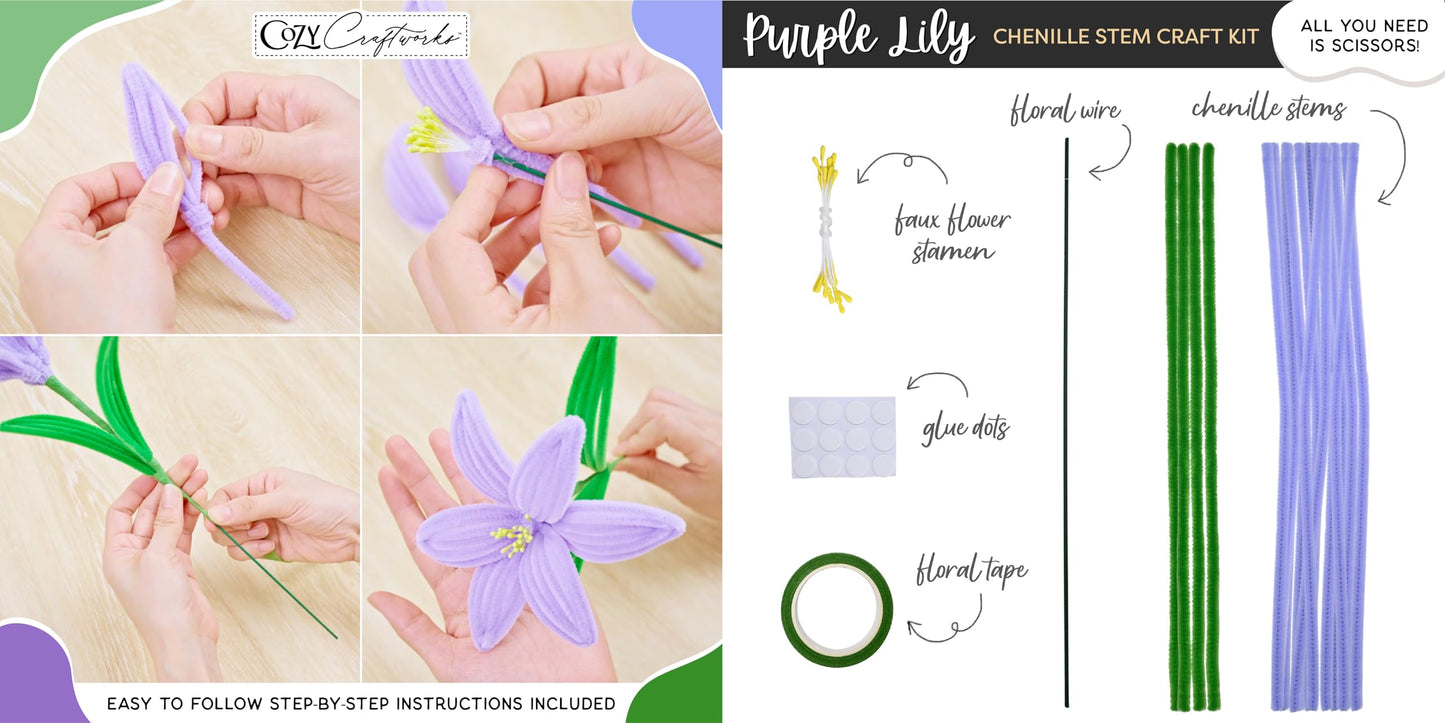 WeVeel Chenille Stem Flower Craft Kit for Adults – Create 6 Colorful Blooms (Lily, Rose, Calla Lily, Tulip, Gerbera & Daisy) – Relaxing DIY Arts & Crafts Kit with All Supplies